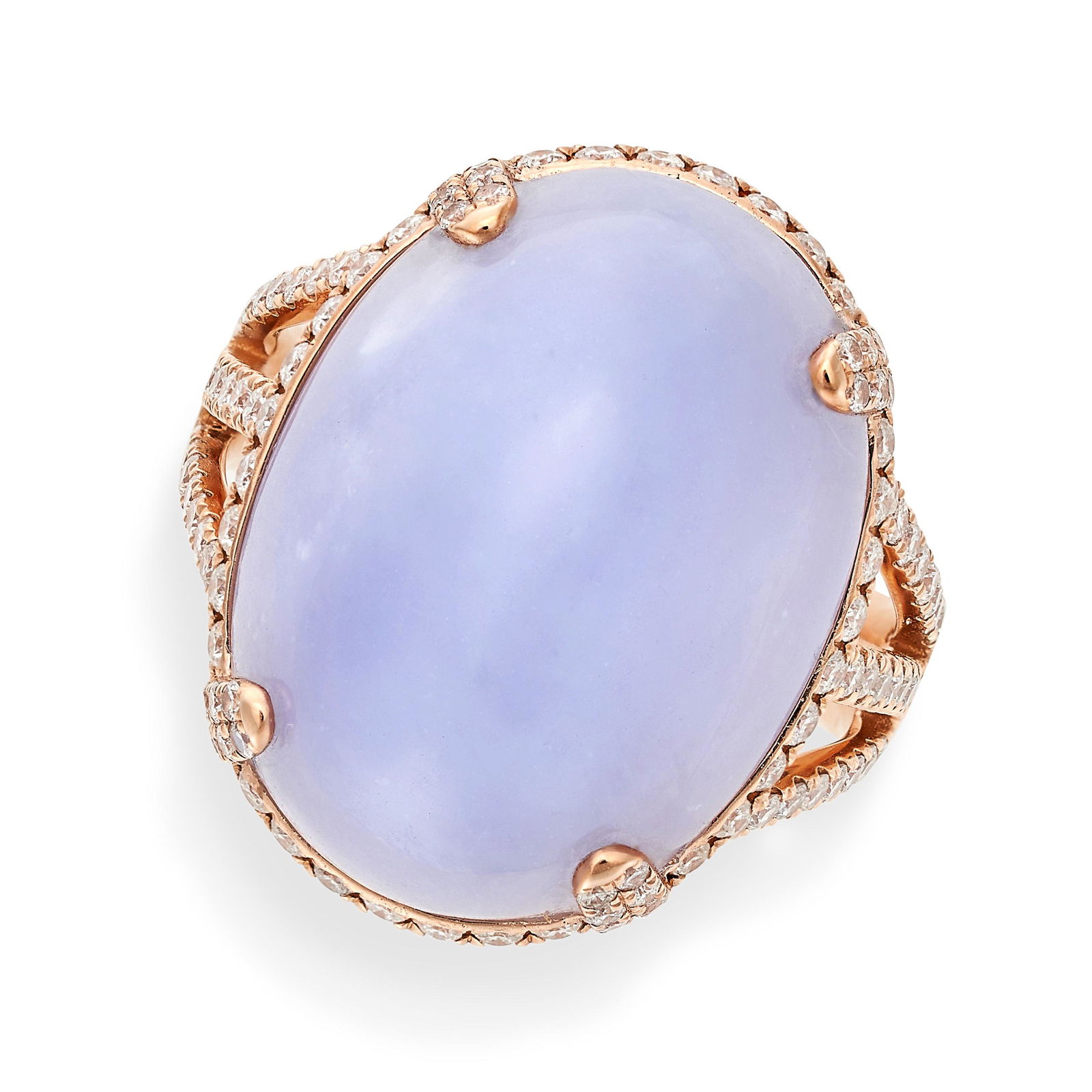 A LAVENDER JADE AND DIAMOND RING in 18ct rose gold, set with a polished oval lavender jade of 23.50 (1 of 2)