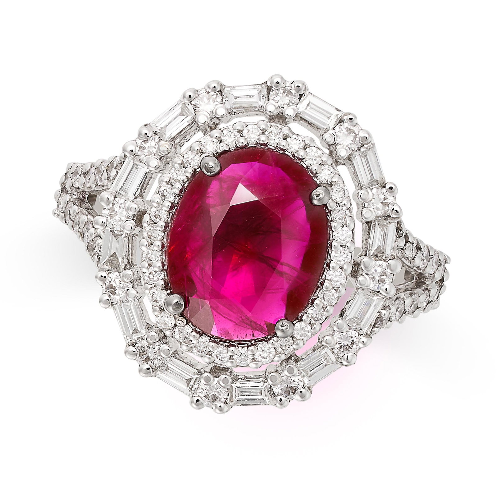 A RUBY AND DIAMOND CLUSTER RING in 14ct white gold, set with an oval cut ruby of 1.60 carats, in a (1 of 2)