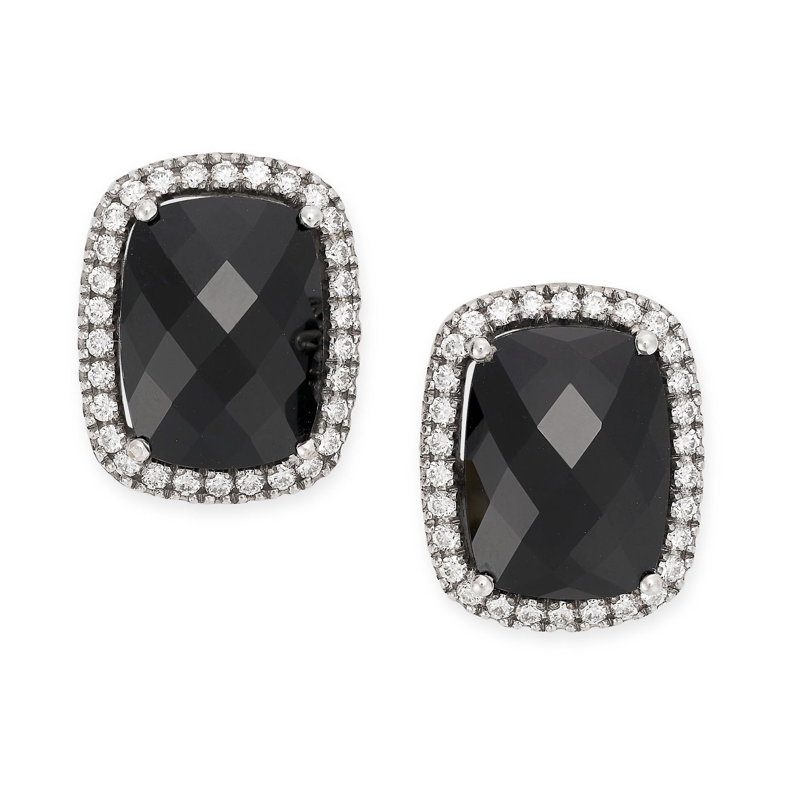 A PAIR OF ONYX AND DIAMOND STUD EARRINGS in 18ct white gold, each set with faceted onyx within a (1 of 1)