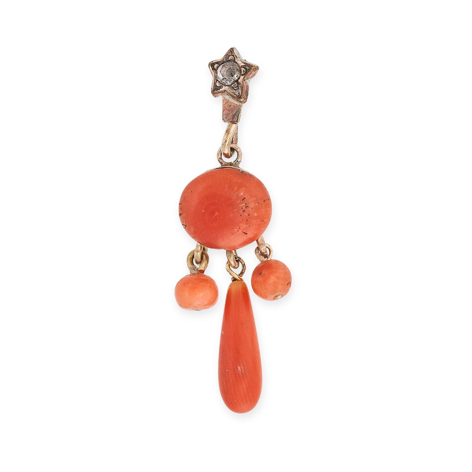 AN ANTIQUE CORAL AND DIAMOND PENDANT in yellow gold, comprising a star motif set with a rose cut (1 of 1)