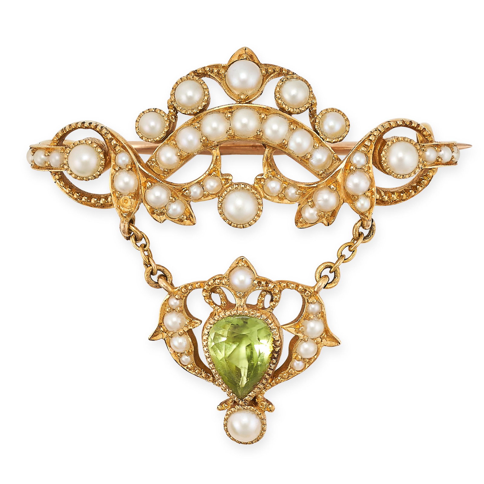 AN ANTIQUE EDWARDIAN PERIDOT AND PEARL BROOCH in yellow gold, in scrolling design, set with pearls: AN ANTIQUE EDWARDIAN PERIDOT AND PEARL BROOCH in yellow gold, in scrolling design, set with pearls suspending a drop set with a pear cut peridot and further pearls, no assay marks, 3.0cm, 6.5g.