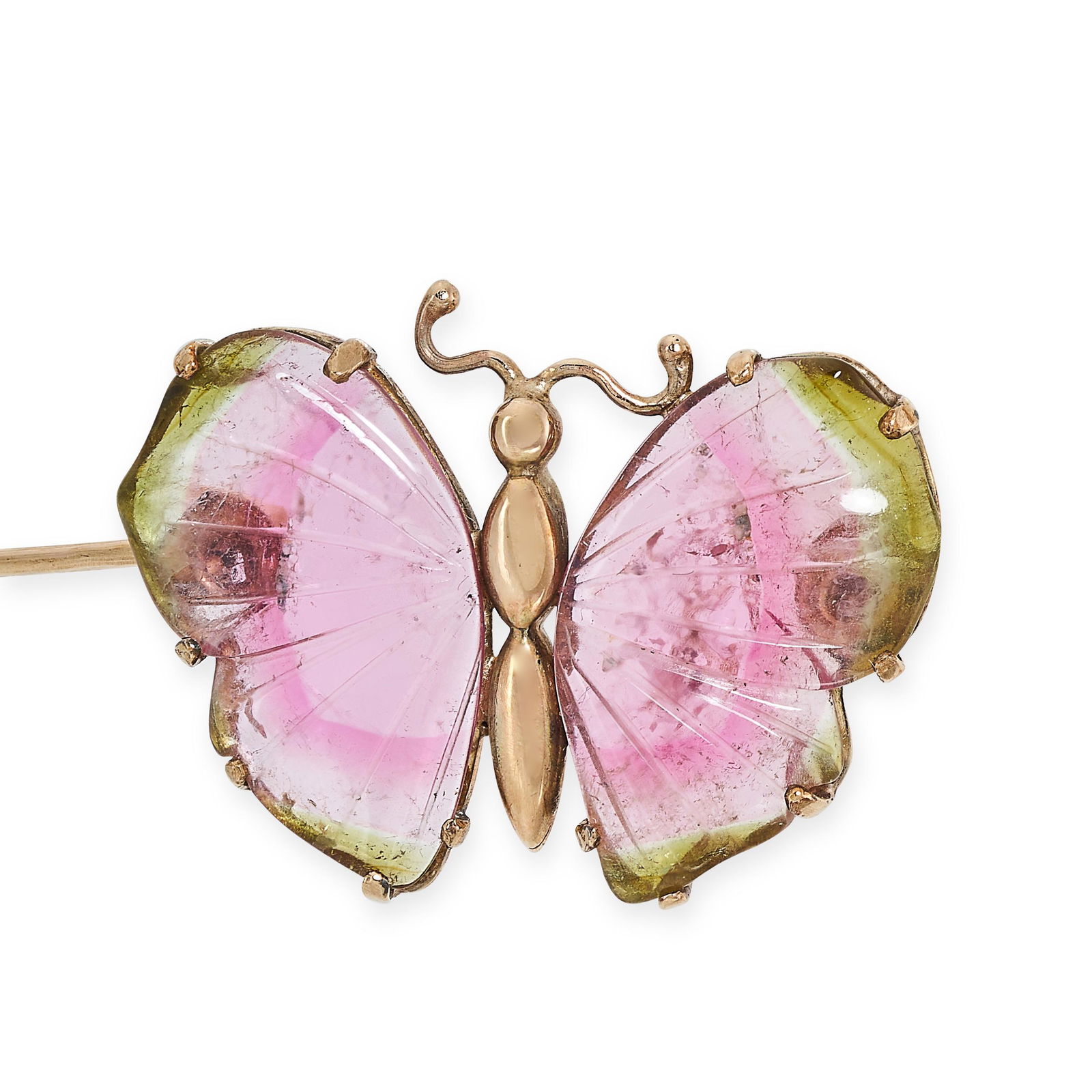 A WATERMELON TOURMALINE BUTTERFLY BROOCH in 9ct yellow gold, the wings set with carved watermelon (1 of 1)
