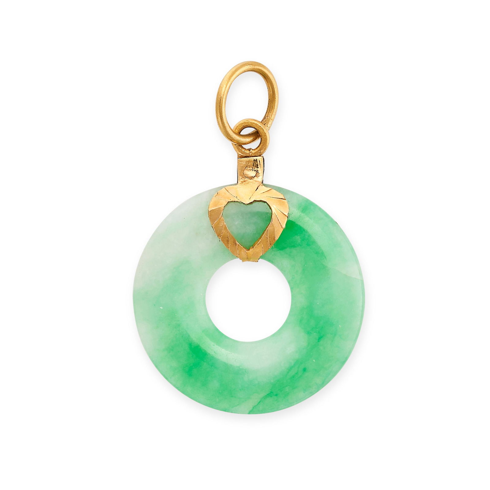 A VINTAGE JADEITE JADE PENDANT AND EARRINGS SUITE in 14ct yellow gold, the earrings with a chain (1 of 2)