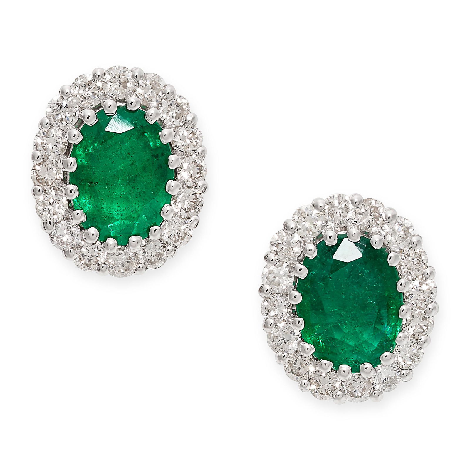 A PAIR OF EMERALD AND DIAMOND STUD EARRINGS each set with an oval cut emerald within a cluster of: A PAIR OF EMERALD AND DIAMOND STUD EARRINGS each set with an oval cut emerald within a cluster of round brilliant cut diamonds, the emeralds both totalling 1.8-2.0 carats, the diamonds all totalling 0