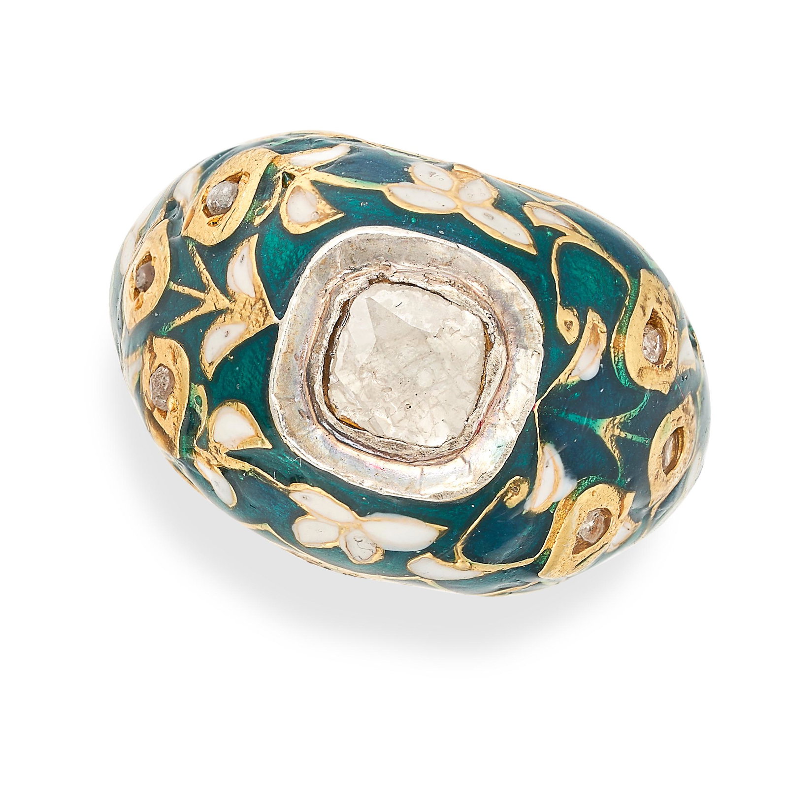 A GREEN ENAMEL AND DIAMOND RING set with a flat cut diamond in a border of green and white enamel, (1 of 2)