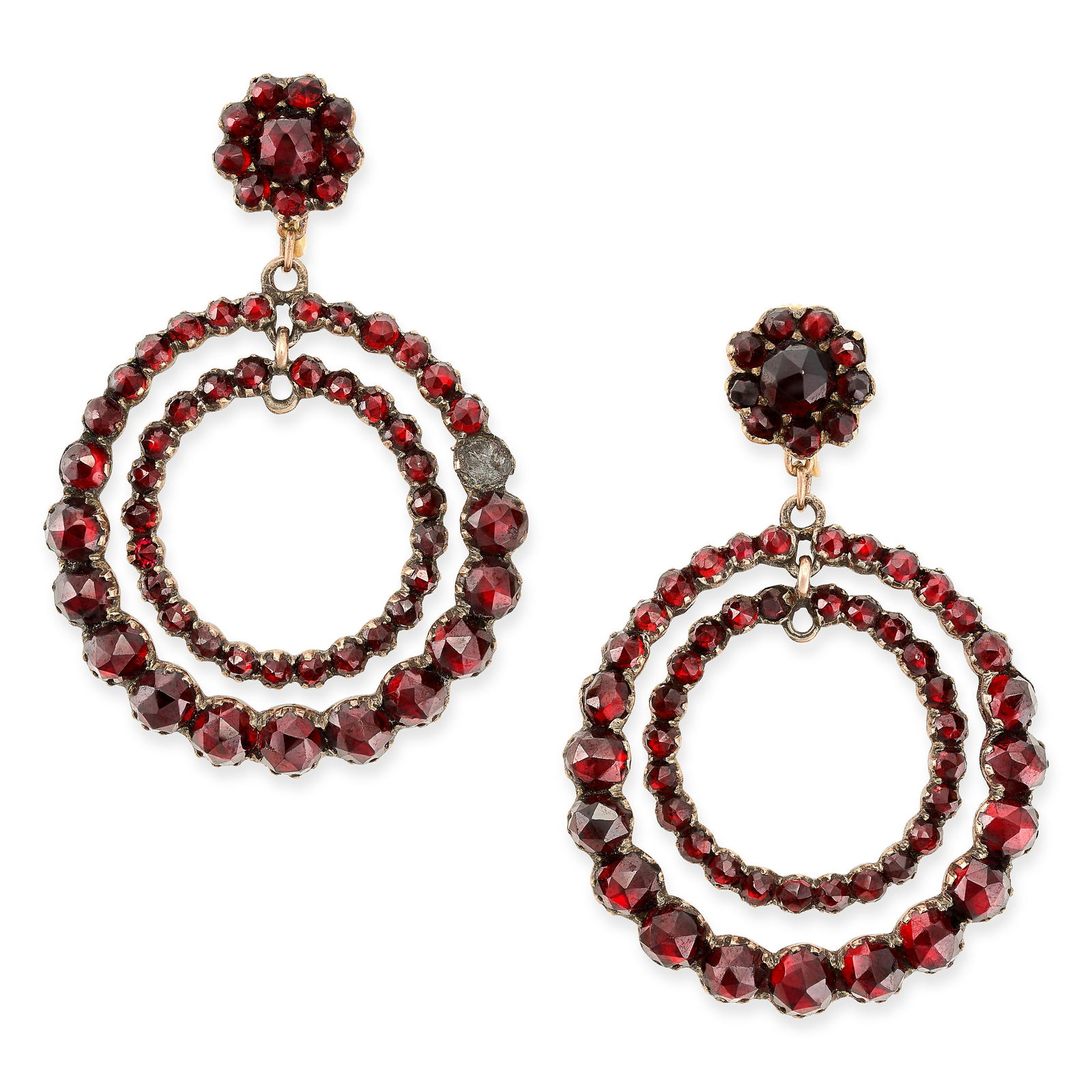 A PAIR OF ANTIQUE GARNET DROP EARRINGS in 9ct yellow gold, each set with a cluster of rose cut (1 of 1)