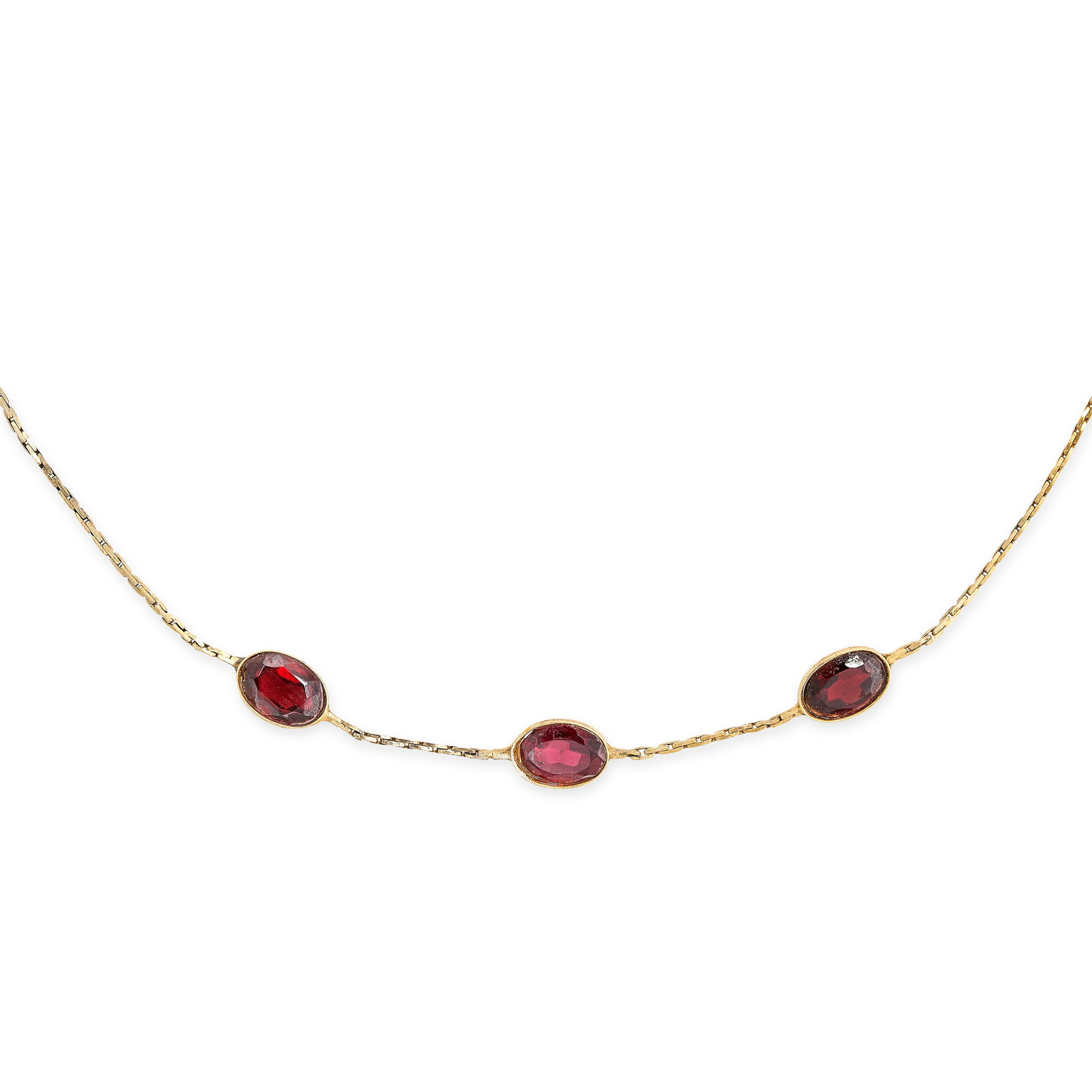 A VINTAGE GARNET NECKLACE set with three oval cut garnets, stamped 835, 39.5cm, 2.3g. (1 of 1)