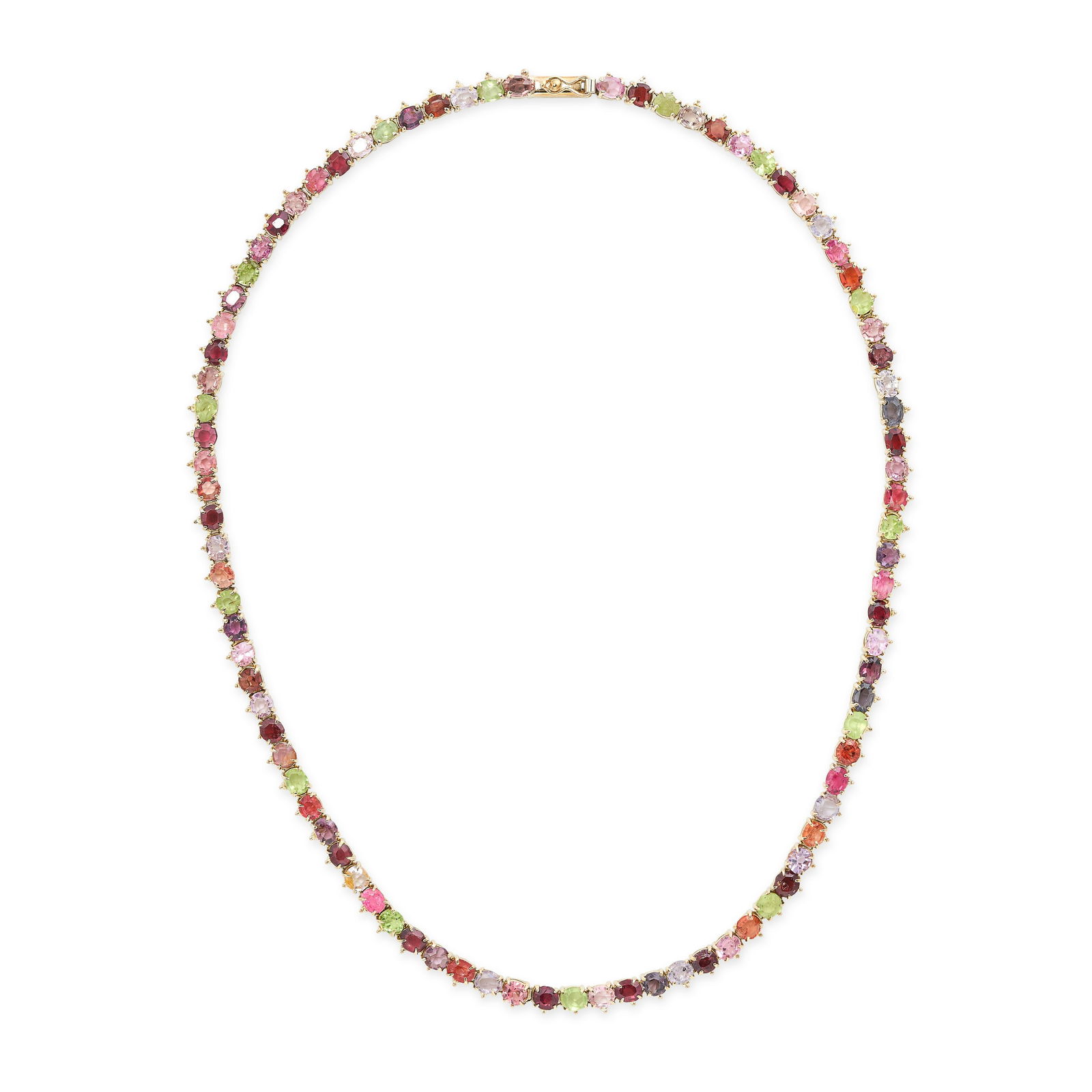 A GEMSET LINE NECKLACE in 9ct yellow gold, set with a row of oval cut garnets, pink and purple (1 of 1)