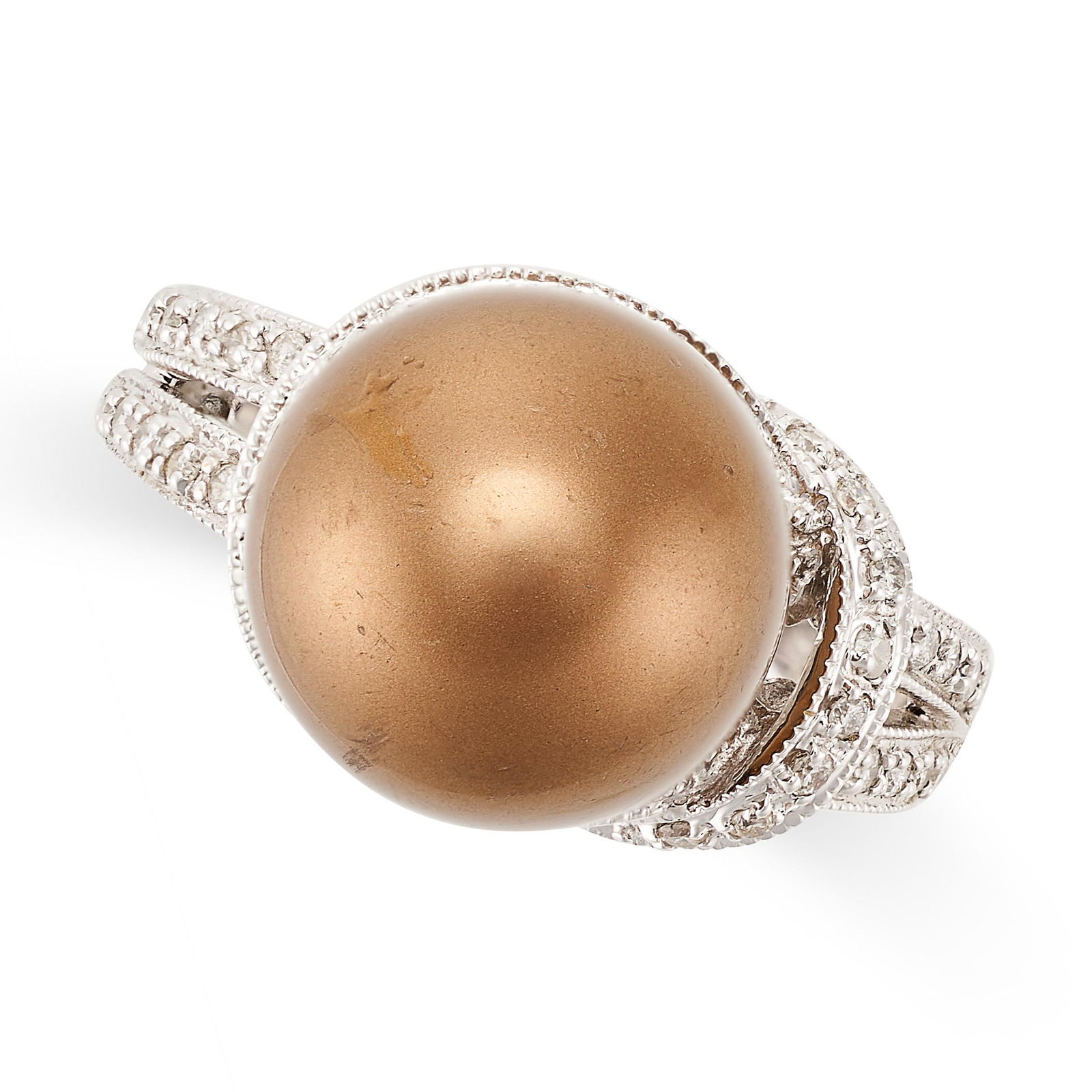 A CHOCOLATE PEARL AND DIAMOND RING in 18ct white gold, set with a chocolate pearl of 12.2mm, on a (1 of 2)