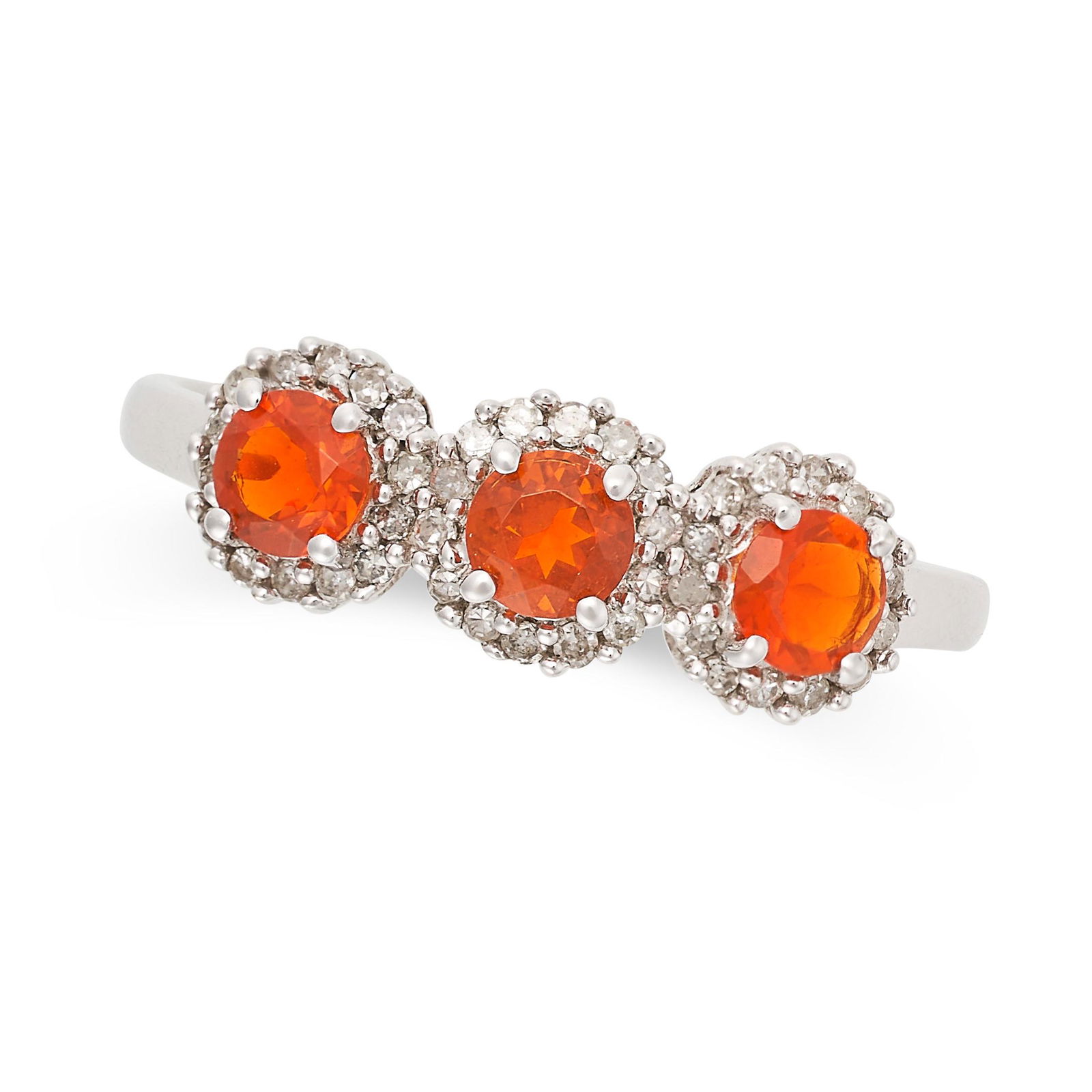 A FIRE OPAL AND DIAMOND RING in 9ct white gold, with three fire opals each surrounded by a cluster (1 of 2)