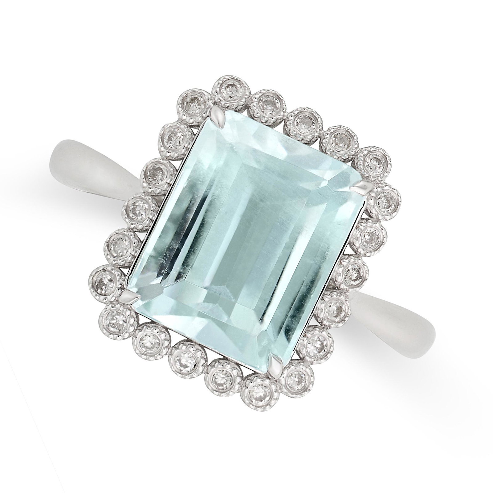 AN AQUAMARINE AND DIAMOND CLUSTER RING in 18ct white gold, set with an emerald cut aquamarine of (1 of 2)