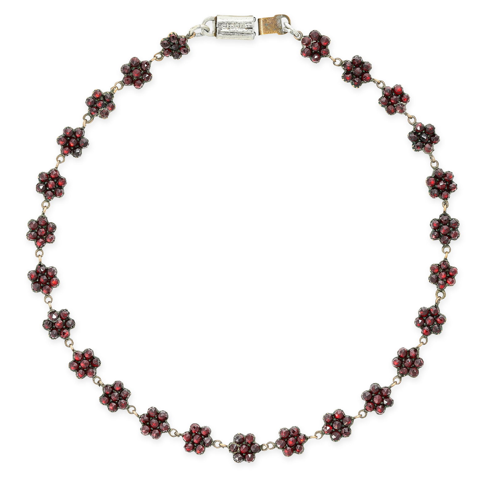 AN ANTIQUE GARNET CLUSTER NECKLACE set with a row of twenty five clusters of rose cut garnets, no (1 of 1)