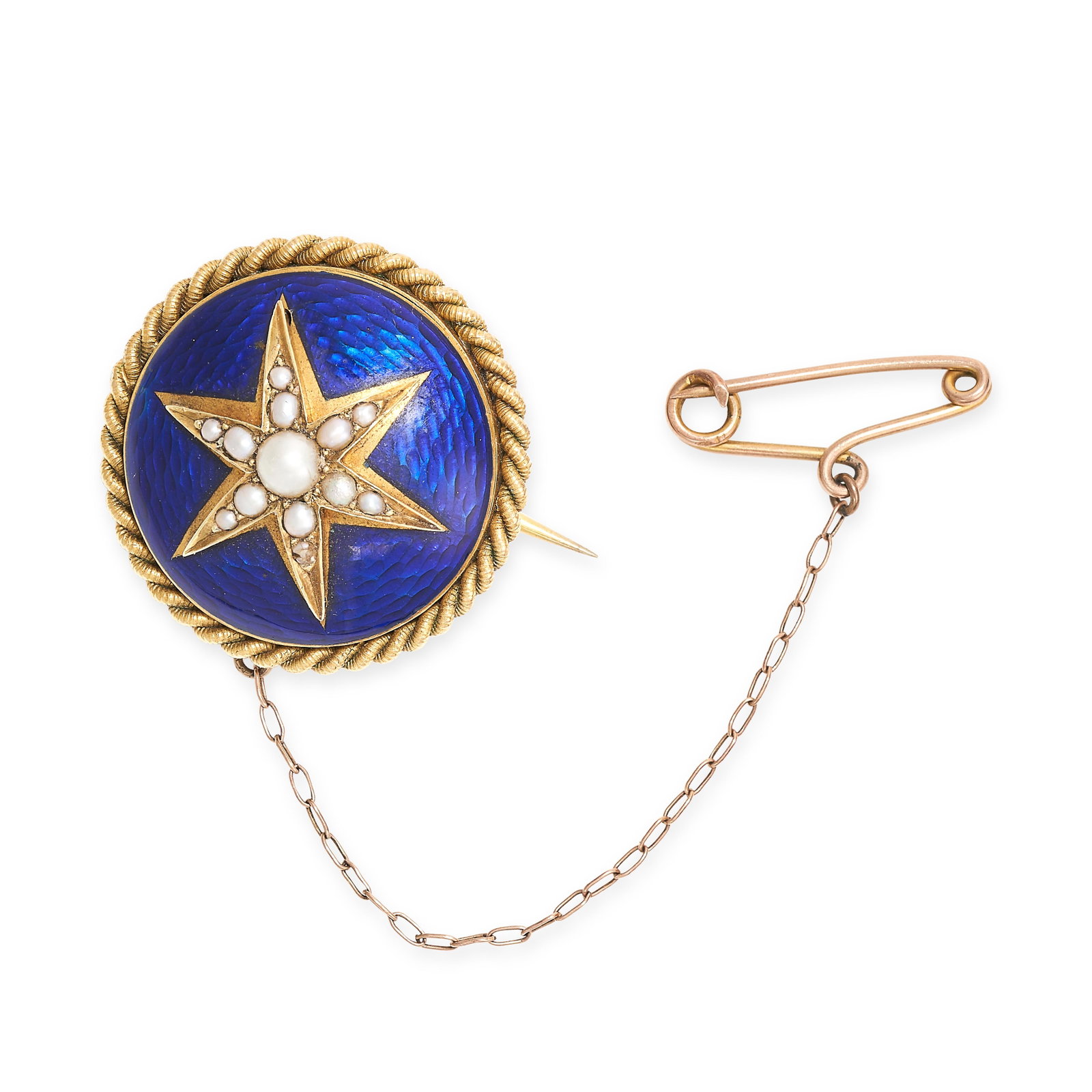 AN ANTIQUE ENAMEL AND PEARL STAR BROOCH in circular design, comprising a pearl set star motif on a: AN ANTIQUE ENAMEL AND PEARL STAR BROOCH in circular design, comprising a pearl set star motif on a blue guilloche enamel background, within a twisted ropework border, the reverse set with a glazed loc
