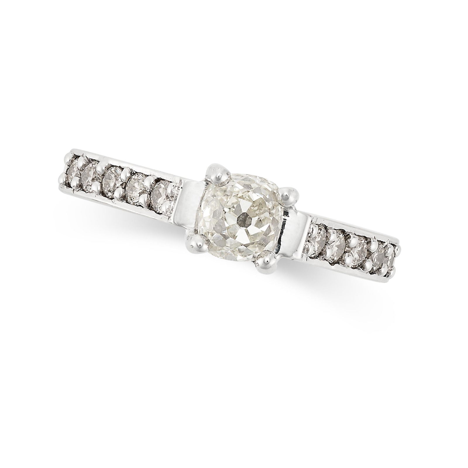 A DIAMOND RING in 18ct white gold, set with an old cut diamond of 0.40 carats, the band half set (1 of 2)