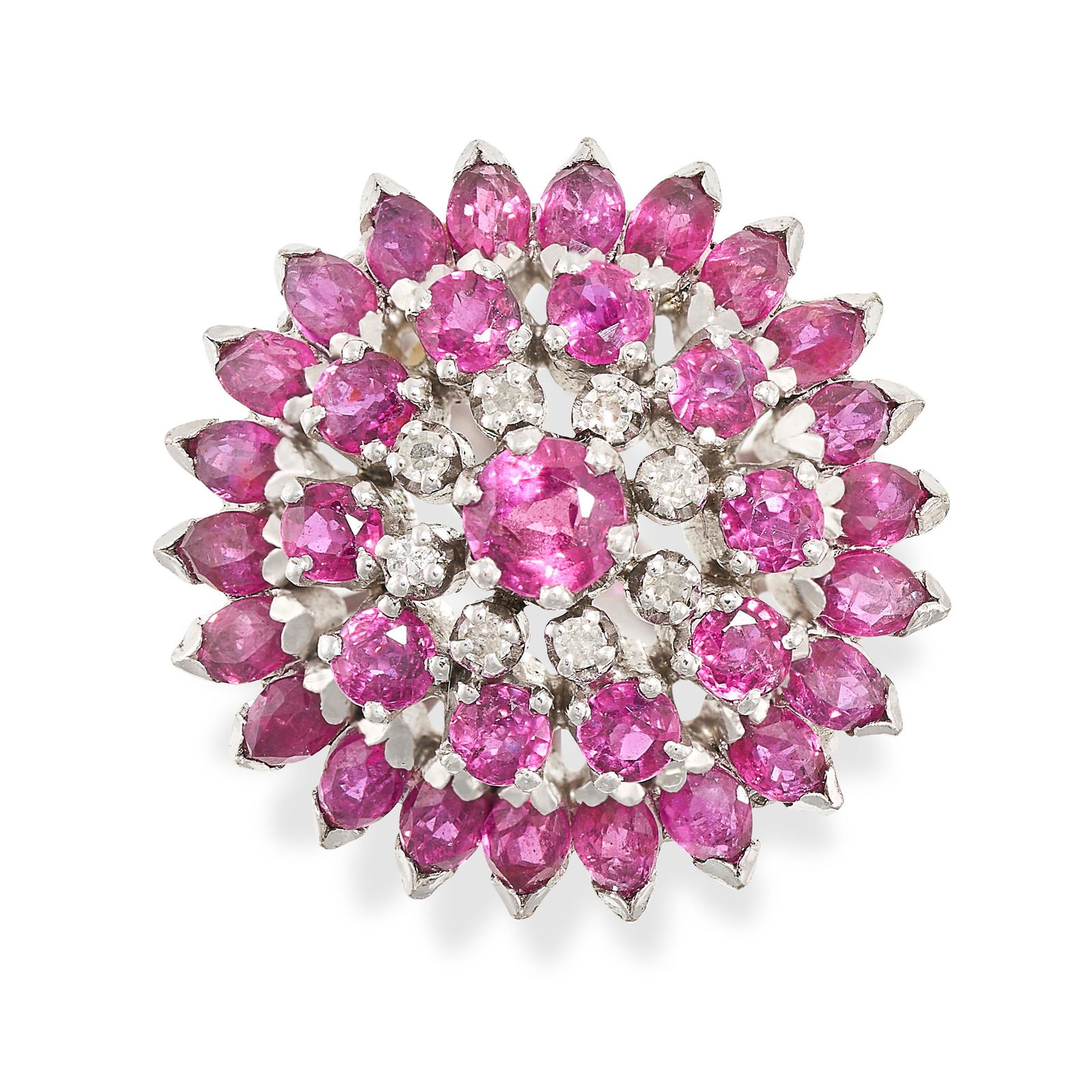 A RUBY AND DIAMOND COCKTAIL RING the domed face set with a central round cut ruby in concentric (1 of 2)