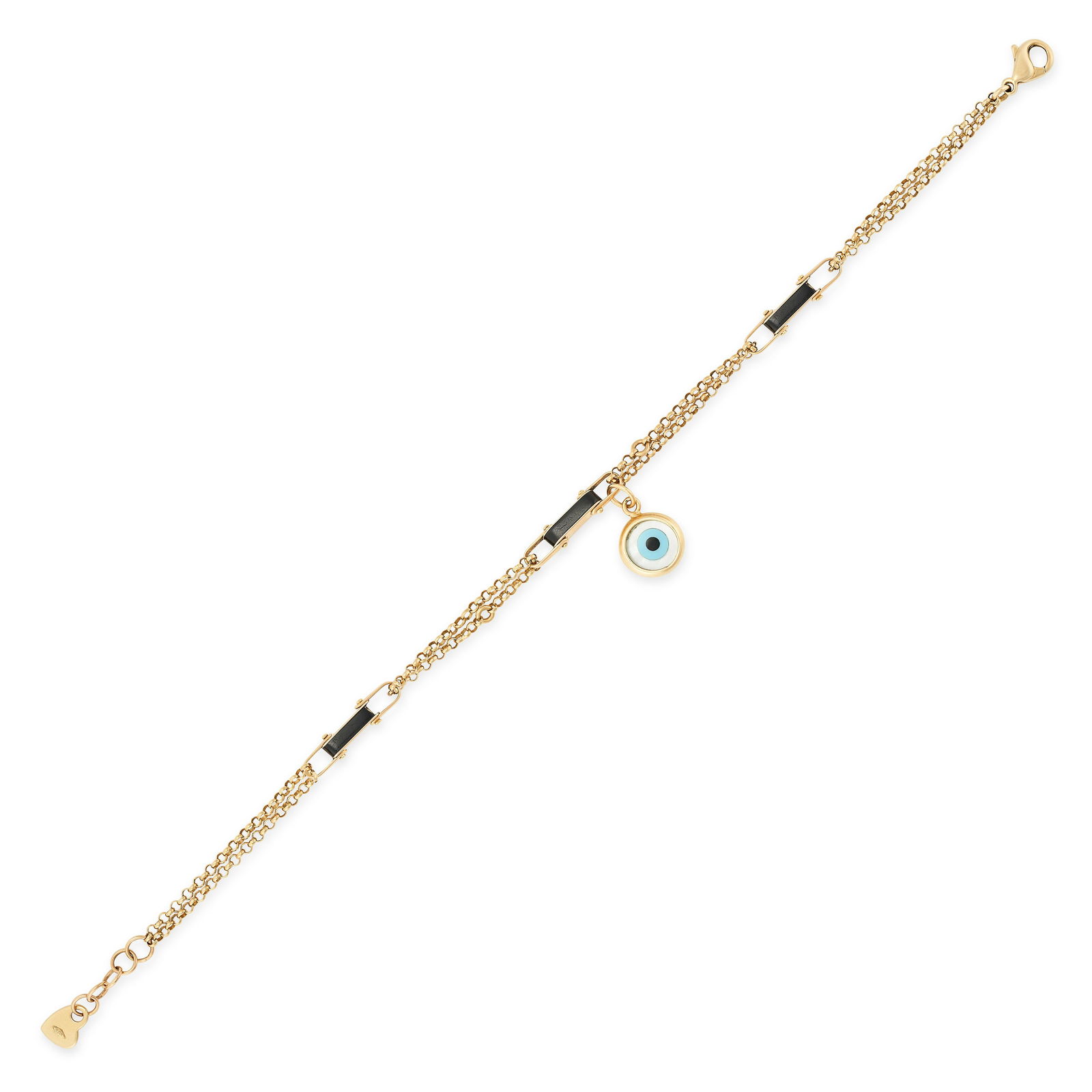 A GOLD AND ENAMEL EVIL EYE BRACELET AND PAIR OF DIAMOND EARRINGS in 18ct yellow gold, the bracelet (1 of 2)