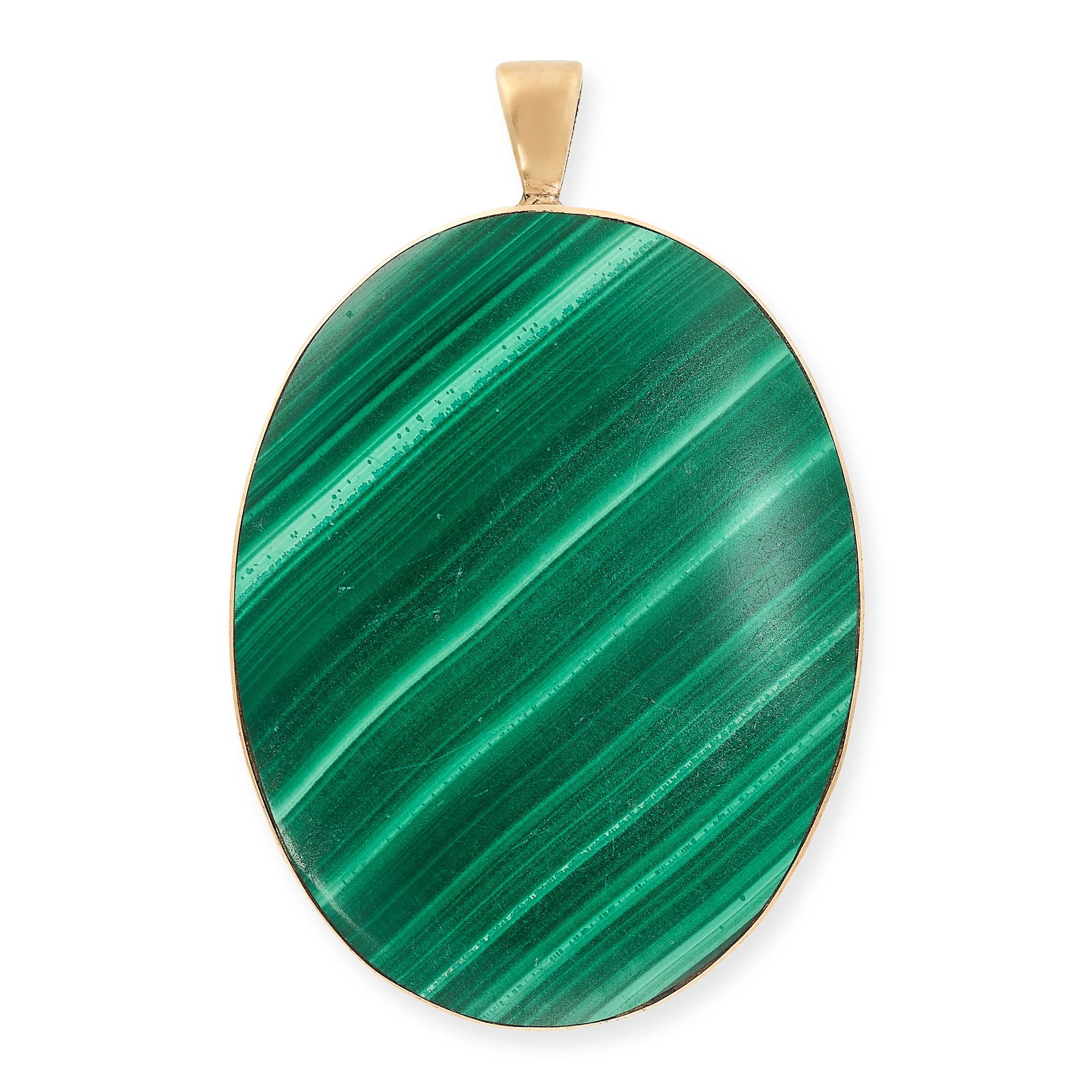 A VINTAGE MALACHITE AND FLUORITE PENDANT in 9ct yellow gold, one side set with a slice of malachite, (1 of 2)