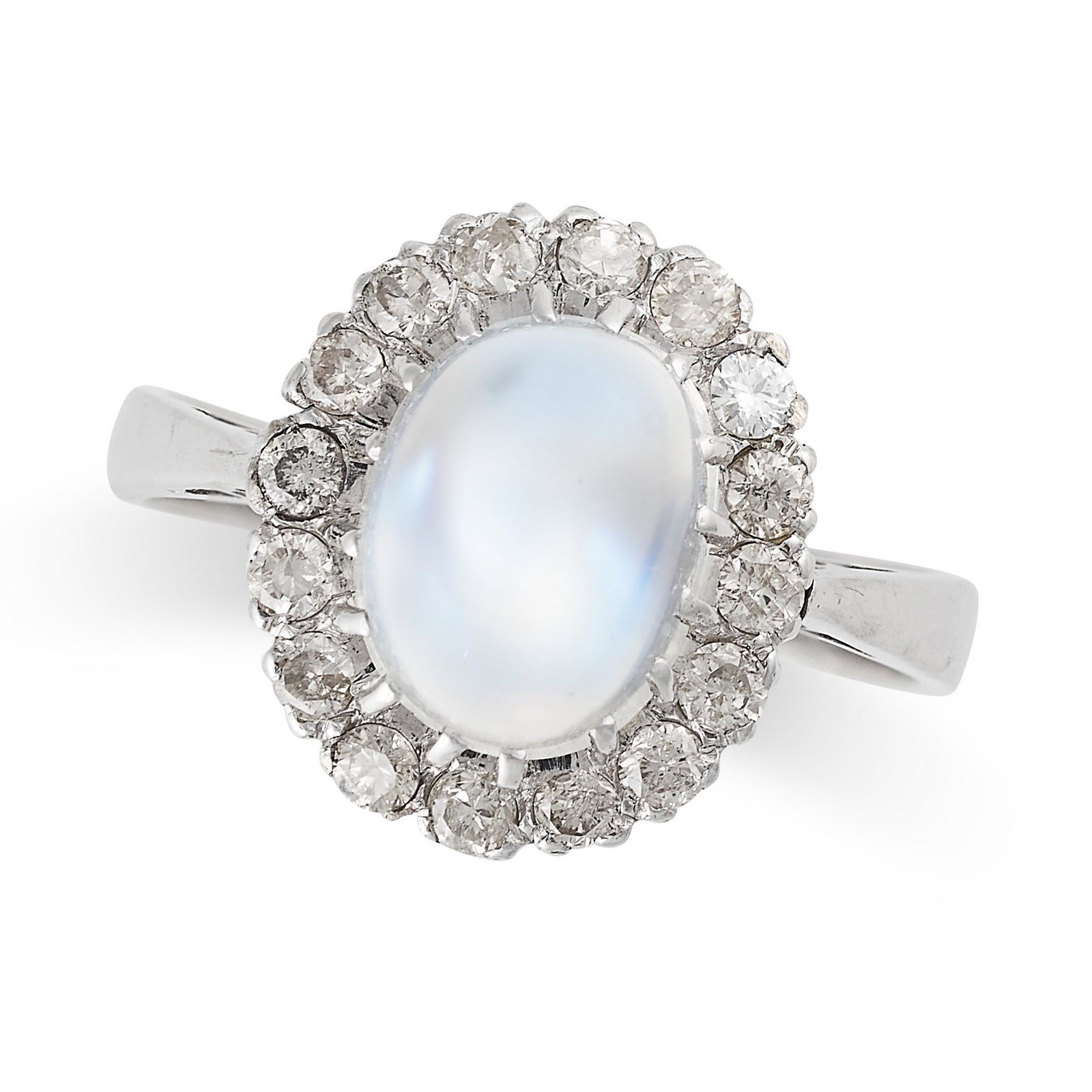 A MOONSTONE AND DIAMOND CLUSTER RING in 18ct white gold, set with an oval cabochon moonstone within (1 of 2)