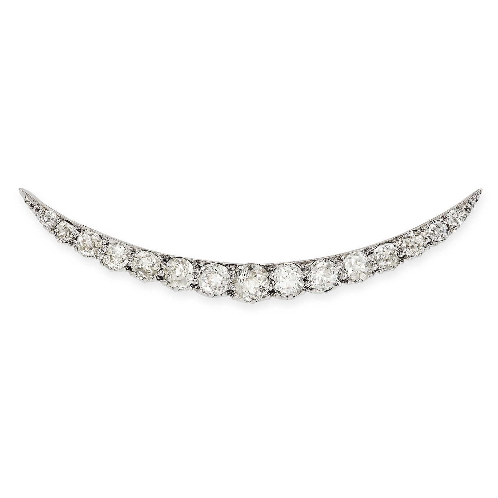 AN ANTIQUE VICTORIAN DIAMOND CRESCENT MOON BROOCH in gold and silver, set with a row of graduated (1 of 1)