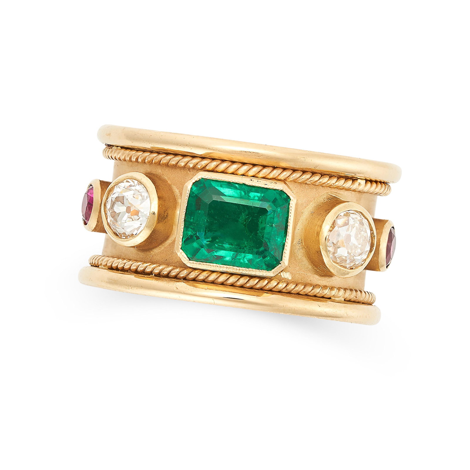 A VINTAGE EMERALD, DIAMOND AND RUBY RING, 1982 in 18ct yellow gold, the band set with an emerald cut: A VINTAGE EMERALD, DIAMOND AND RUBY RING, 1982 in 18ct yellow gold, the band set with an emerald cut emerald of 1.55 carats, between old cut diamonds and round cut rubies, maker's mark RTW, full Briti