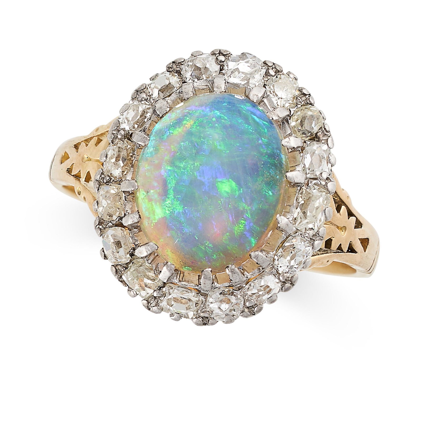 AN OPAL AND DIAMOND CLUSTER DRESS RING in yellow gold and silver, set with an oval cabochon opal (1 of 2)