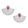 A PAIR OF RUBY AND DIAMOND FAN EARRINGS in 18ct white gold, set with an oval cut ruby in a border of