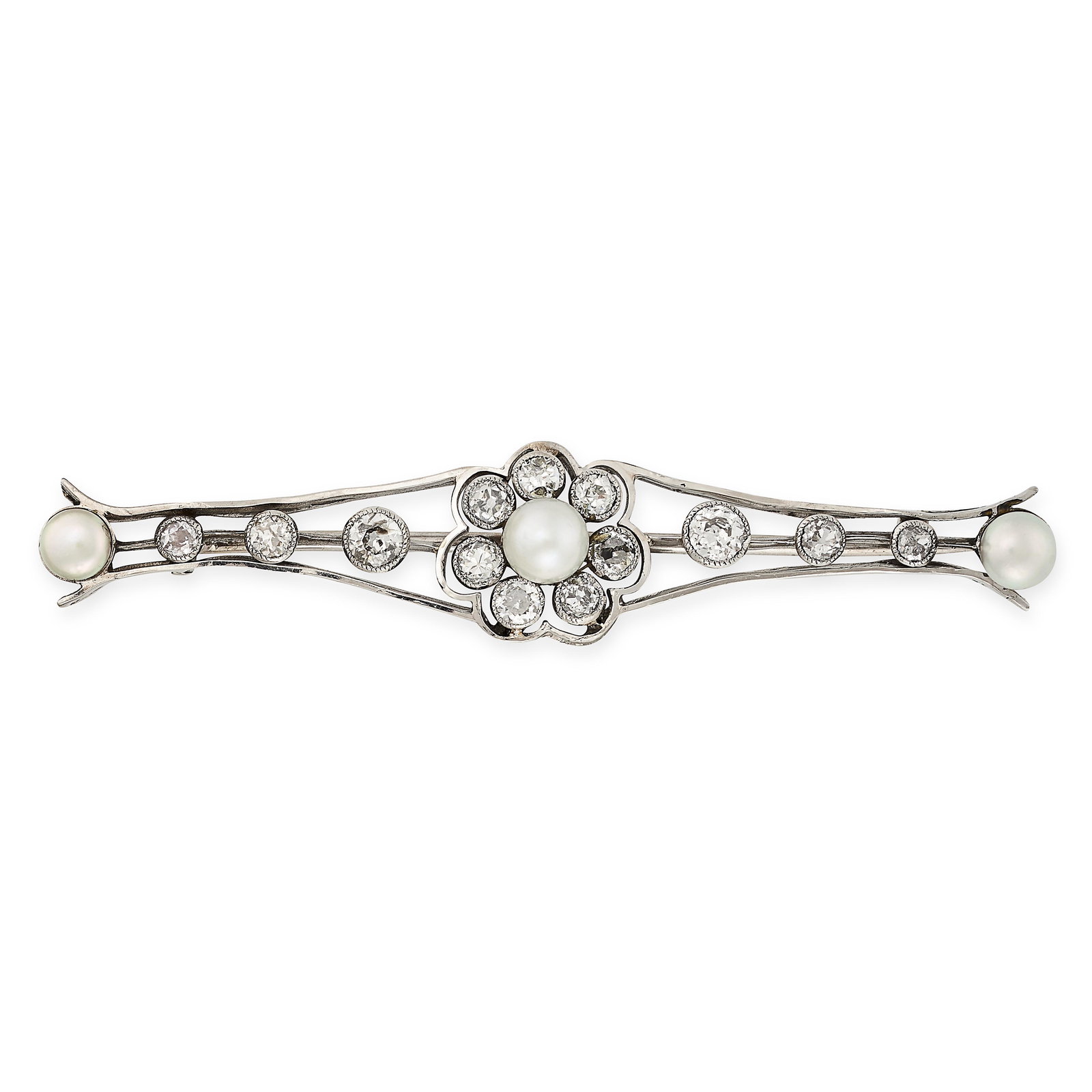 AN ANTIQUE EDWARDIAN PEARL AND DIAMOND BAR BROOCH set to the centre with a pearl in a cluster of old (1 of 1)