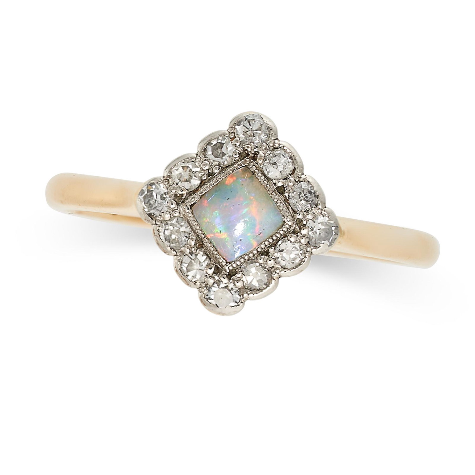 AN OPAL AND DIAMOND RING in 18ct yellow gold, set with a cabochon opal in a border of single cut (1 of 2)