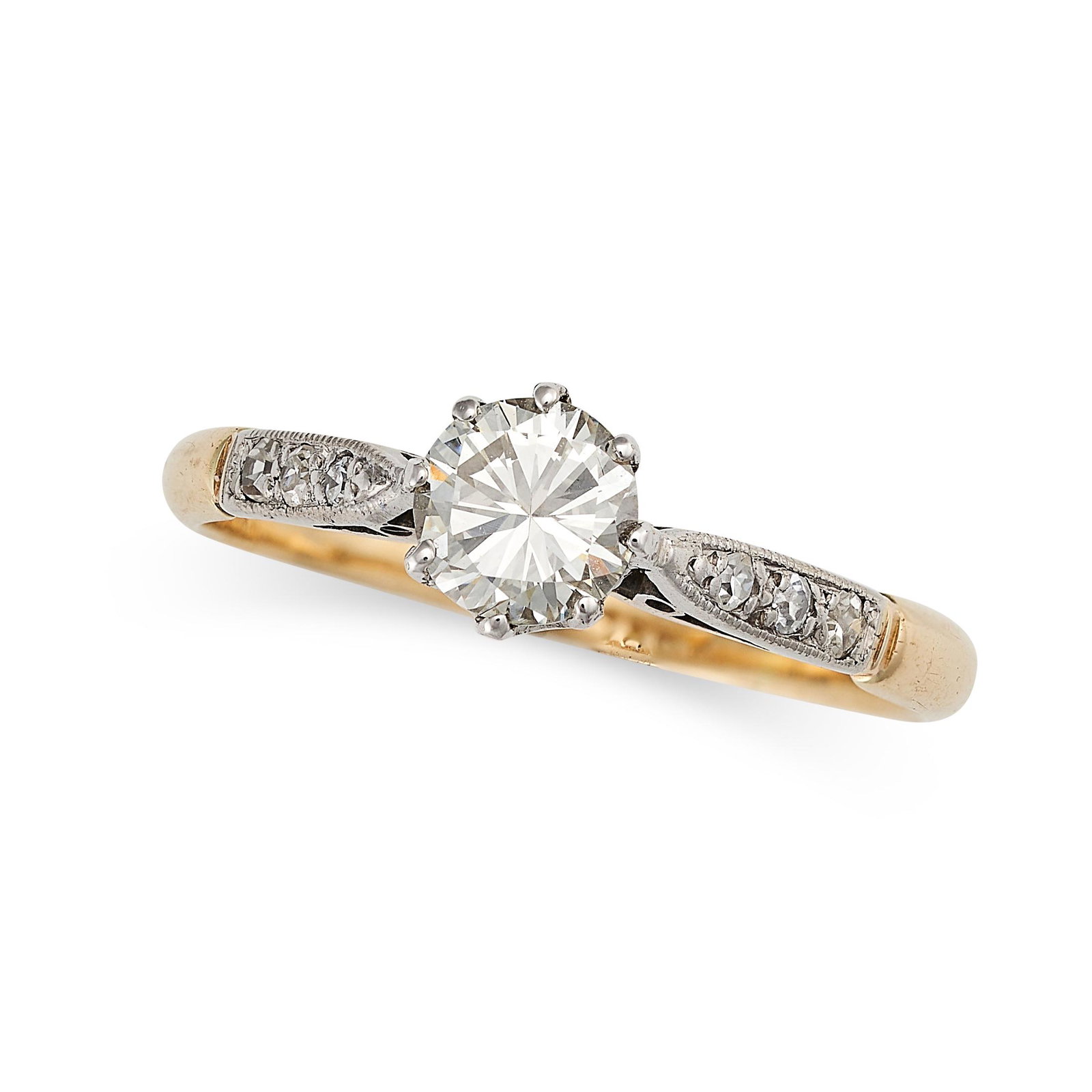 A SOLITAIRE DIAMOND RING in 18ct yellow gold and platinum, set with a transitional cut diamond of (1 of 2)
