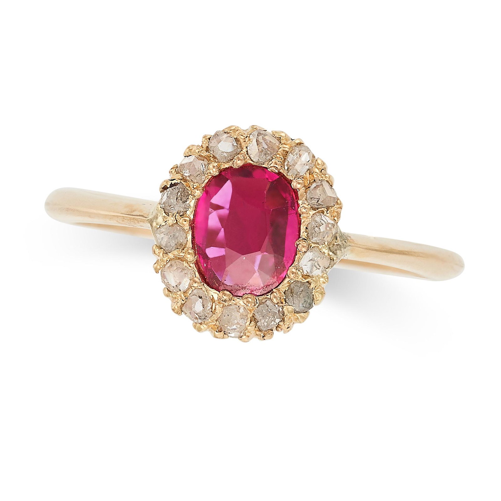 A RUBY AND DIAMOND CLUSTER RING in yellow gold, set with a cushion cut ruby of approximately 0.39 (1 of 2)