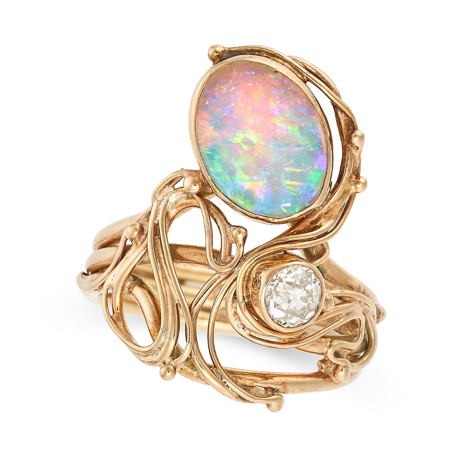 AN OPAL AND DIAMOND RING in 9ct yellow gold, set with an oval cabochon opal and old cut diamond of (1 of 2)