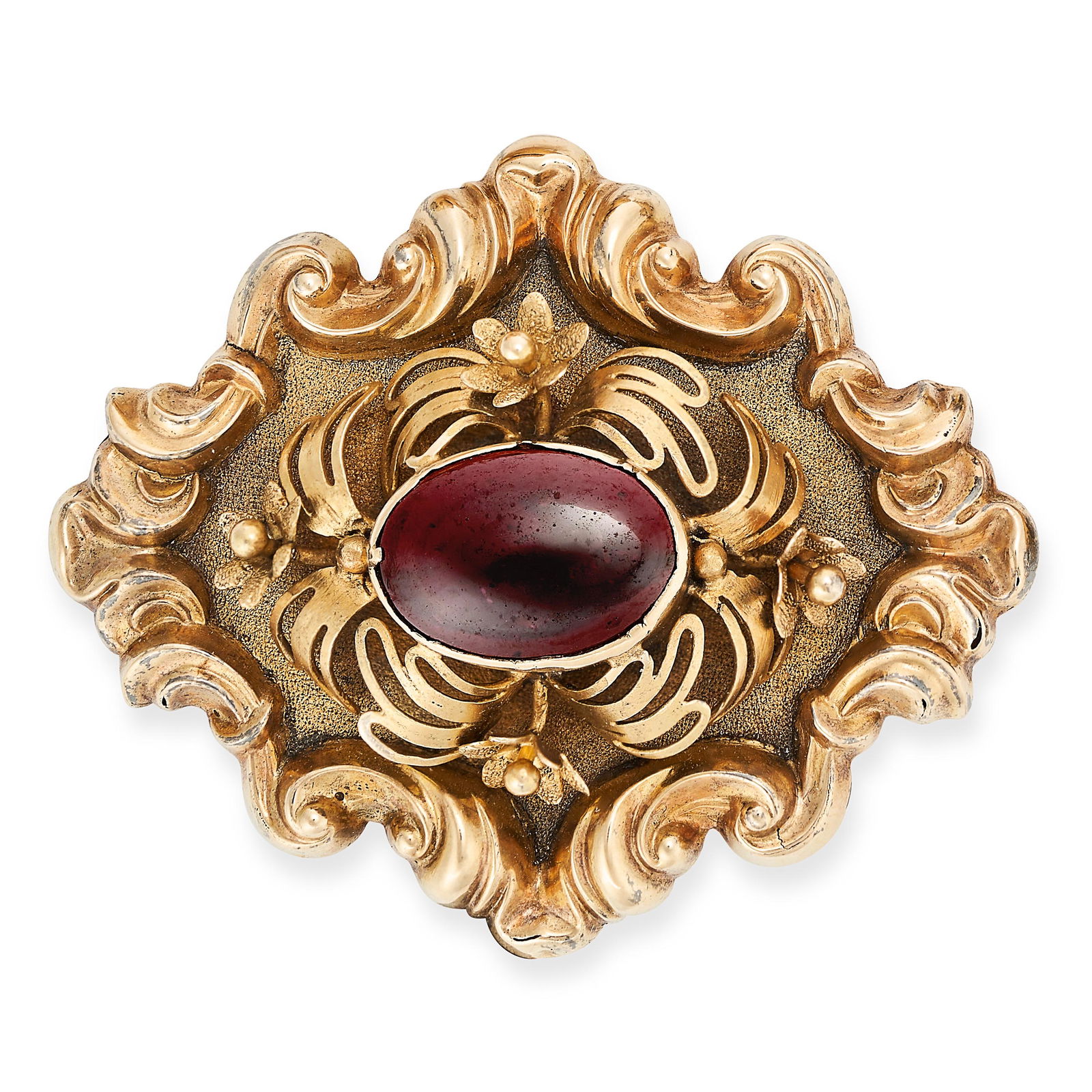 AN ANTIQUE GARNET BROOCH the scrolling body set to the centre with a cabochon garnet in a foliate (1 of 1)