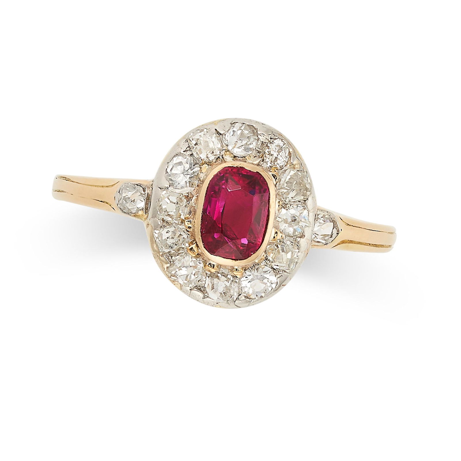 A RUBY AND DIAMOND CLUSTER RING in yellow gold, set with a cushion cut ruby of approximately 0.54 (1 of 2)