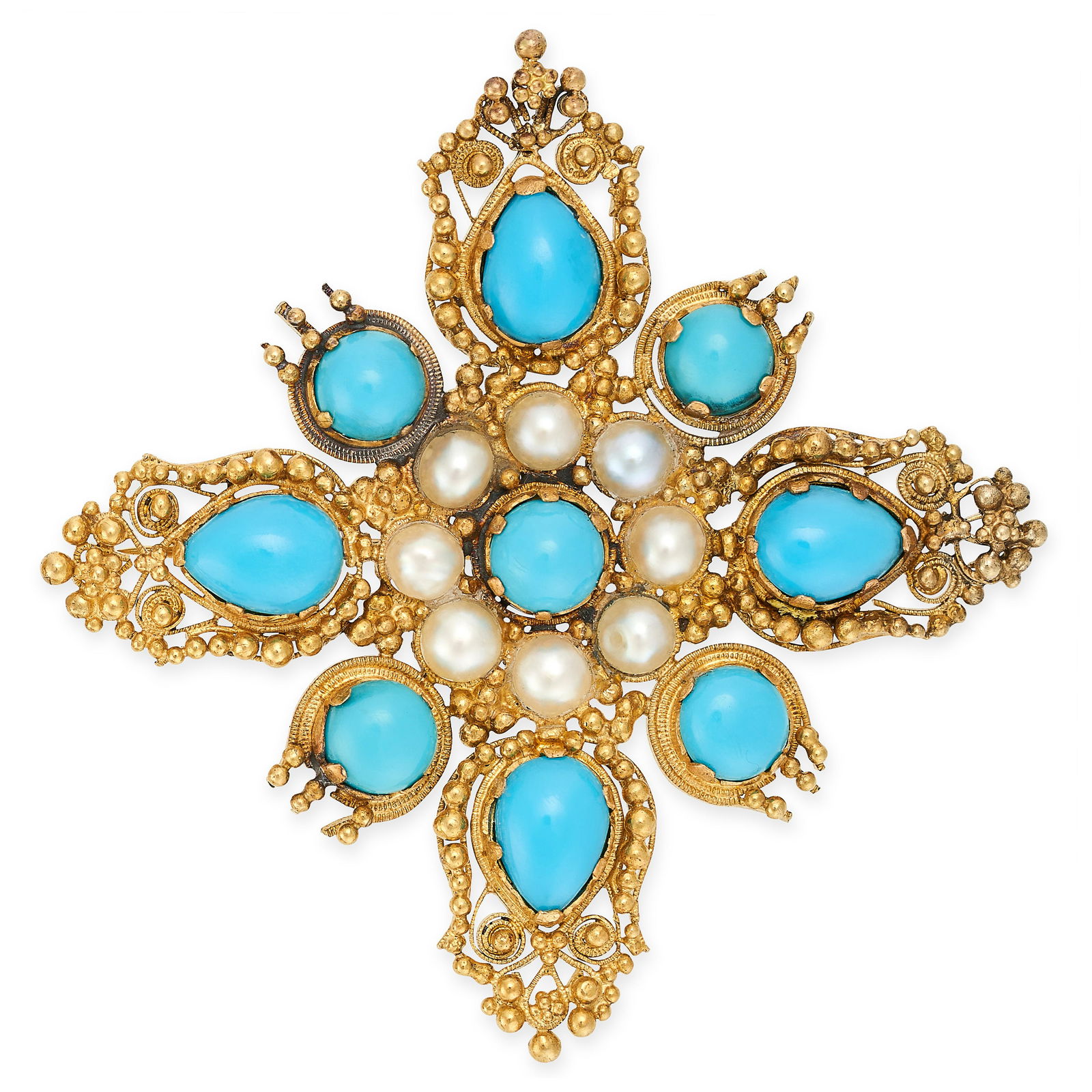 AN ANTIQUE TURQUOISE AND PEARL BROOCH in yellow gold, set to the centre with a cabochon turquoise in (1 of 1)