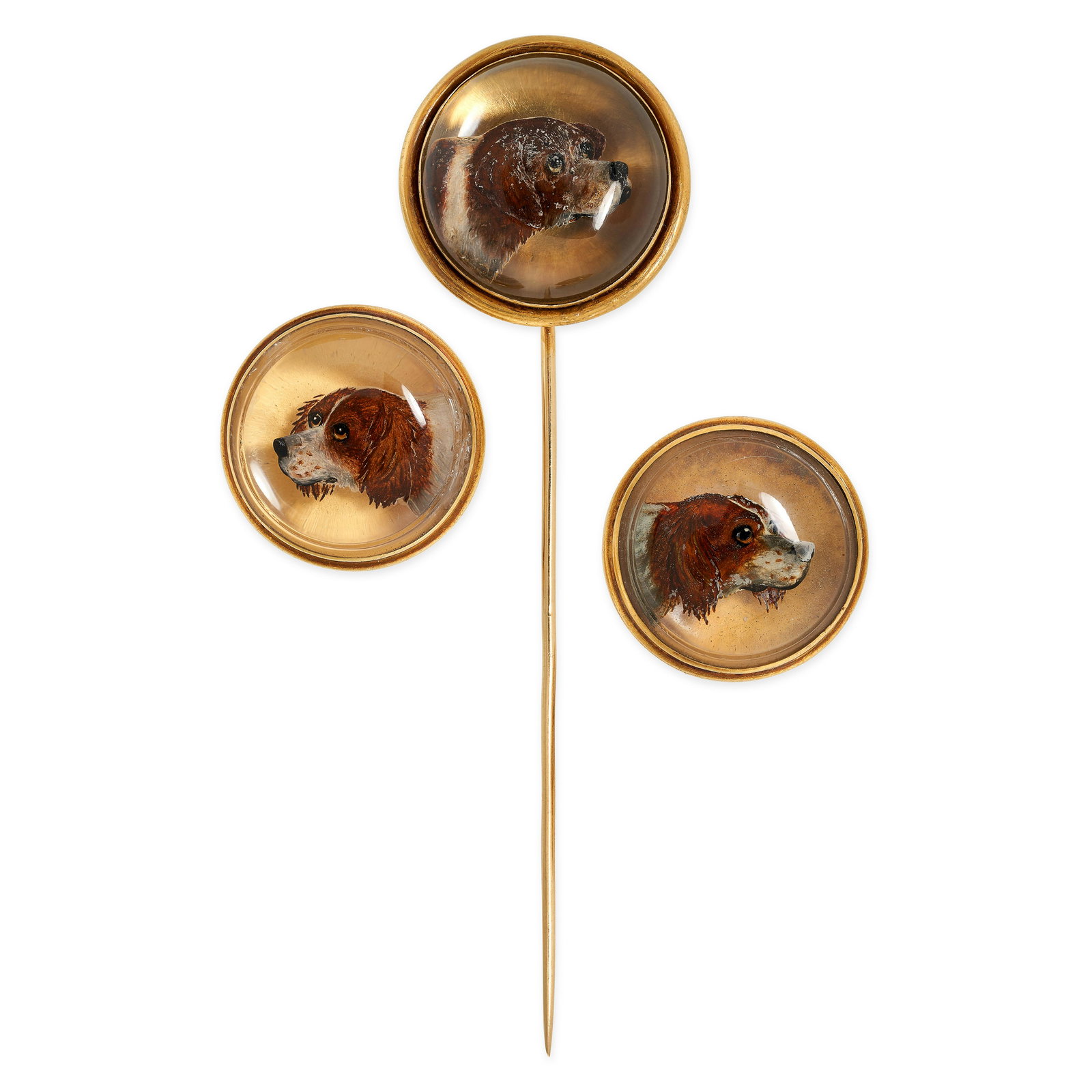 AN ANTIQUE FRENCH ESSEX CRYSTAL SPANIEL STICK PIN AND SLIDE SET in 18ct yellow gold, each circular (1 of 1)