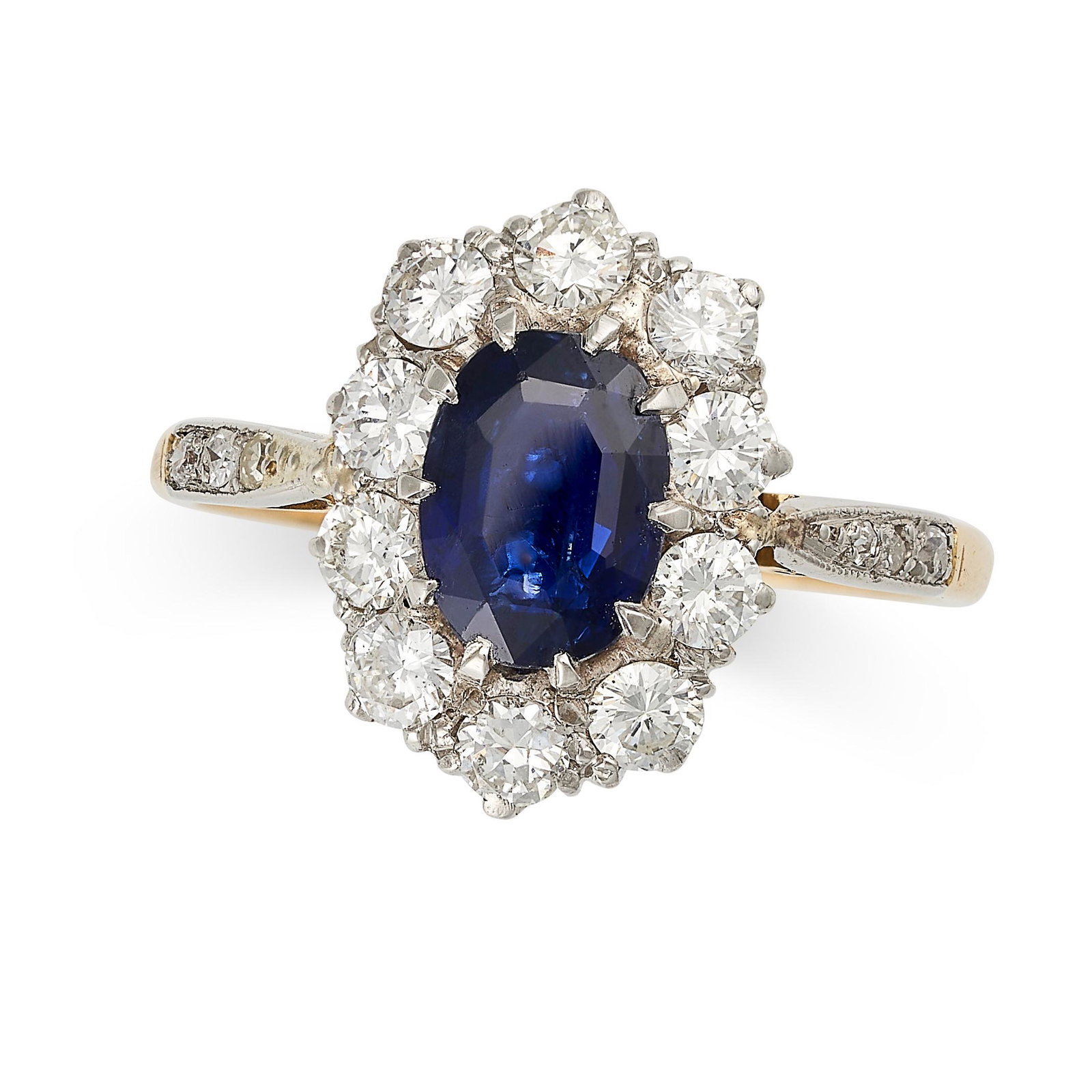 A SAPPHIRE AND DIAMOND CLUSTER RING in 18ct yellow gold and platinum, set with an oval cut blue (1 of 2)