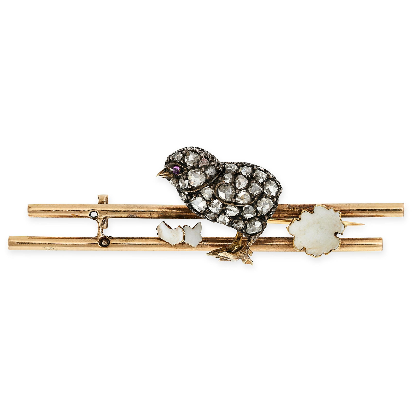 AN ANTIQUE DIAMOND, RUBY AND ENAMEL NOVELTY CHICK BROOCH in yellow gold and silver, comprising two (1 of 1)