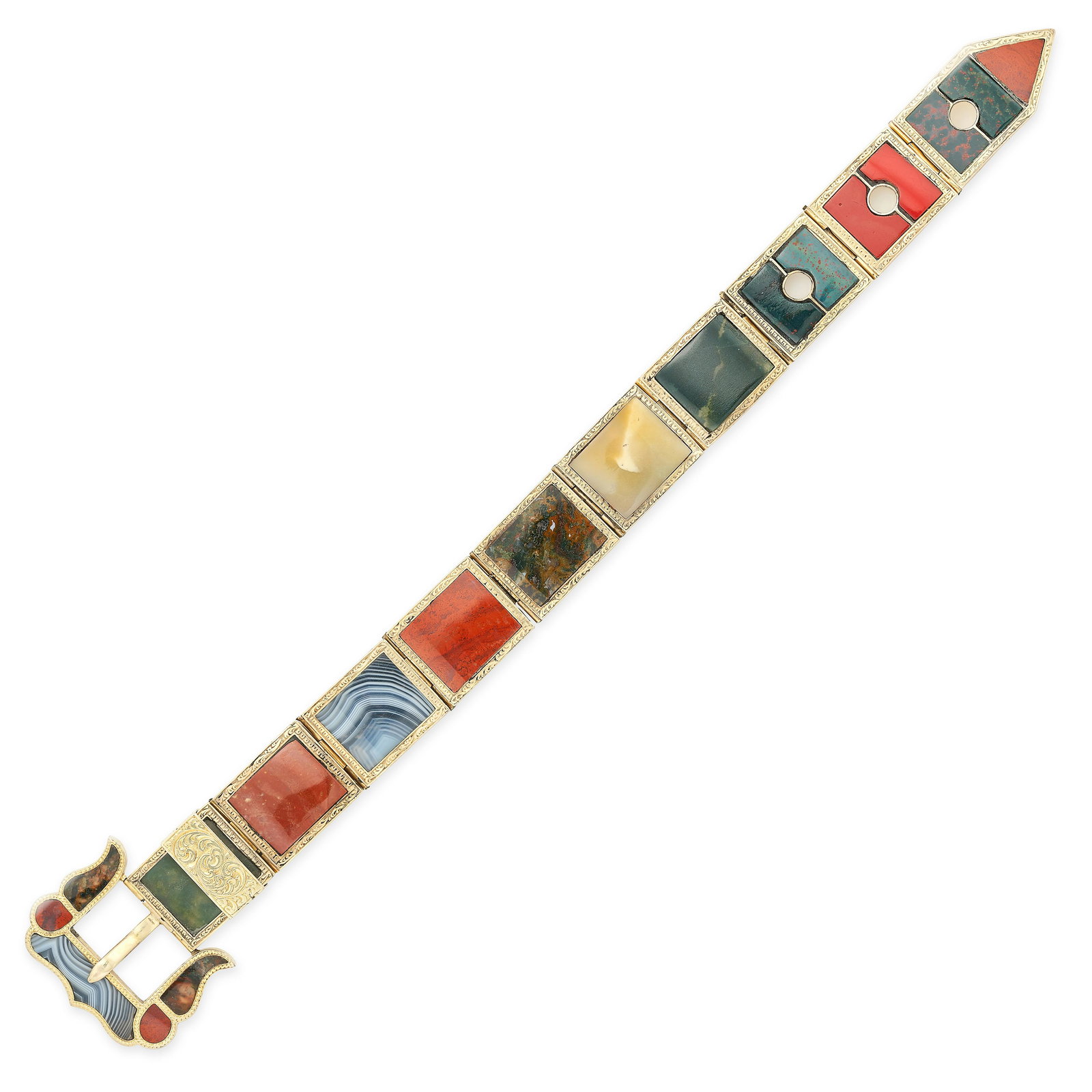 AN ANTIQUE SCOTTISH HARDSTONE BELT BRACELET, 19TH CENTURY in yellow gold, designed as a belt, set (1 of 1)