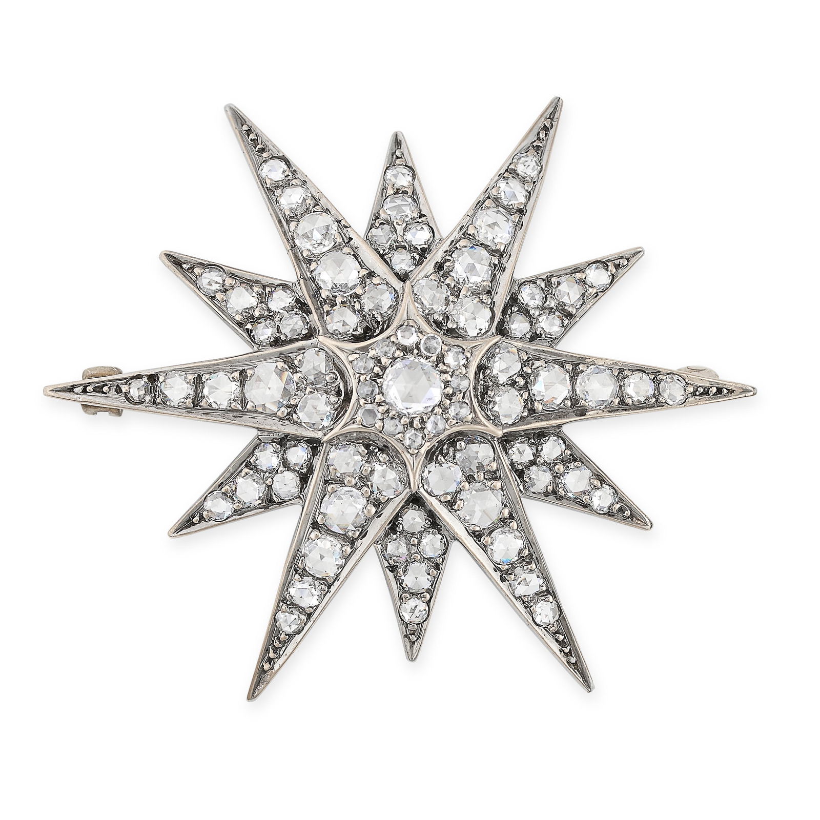 A VINTAGE DIAMOND STAR BROOCH in white gold, designed as a twelve rayed star set throughout with (1 of 1)