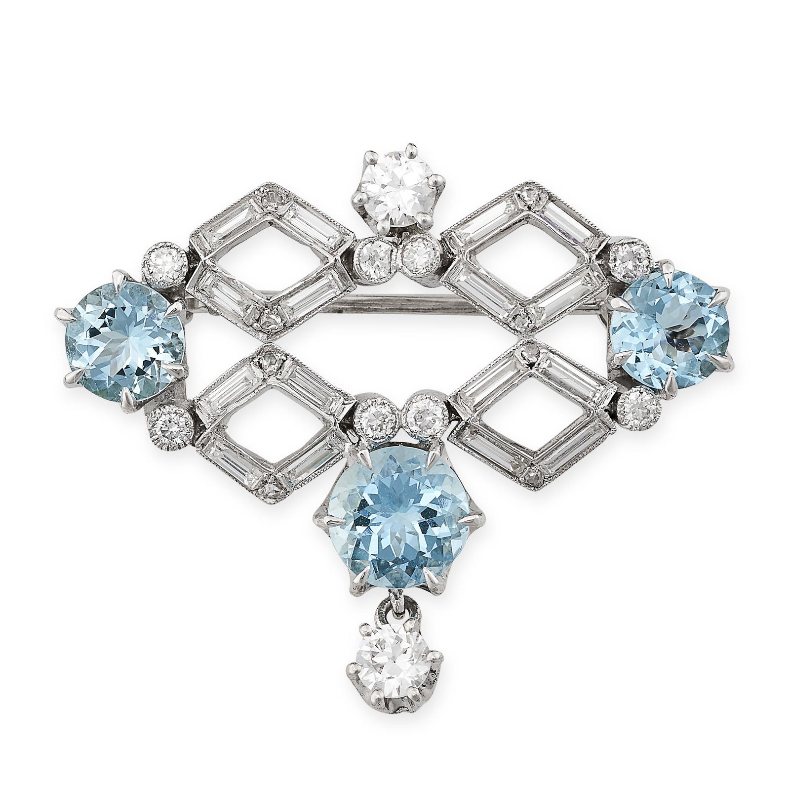 AN AQUAMARINE AND DIAMOND BROOCH in geometric design, set with three round cut aquamarines accented (1 of 1)