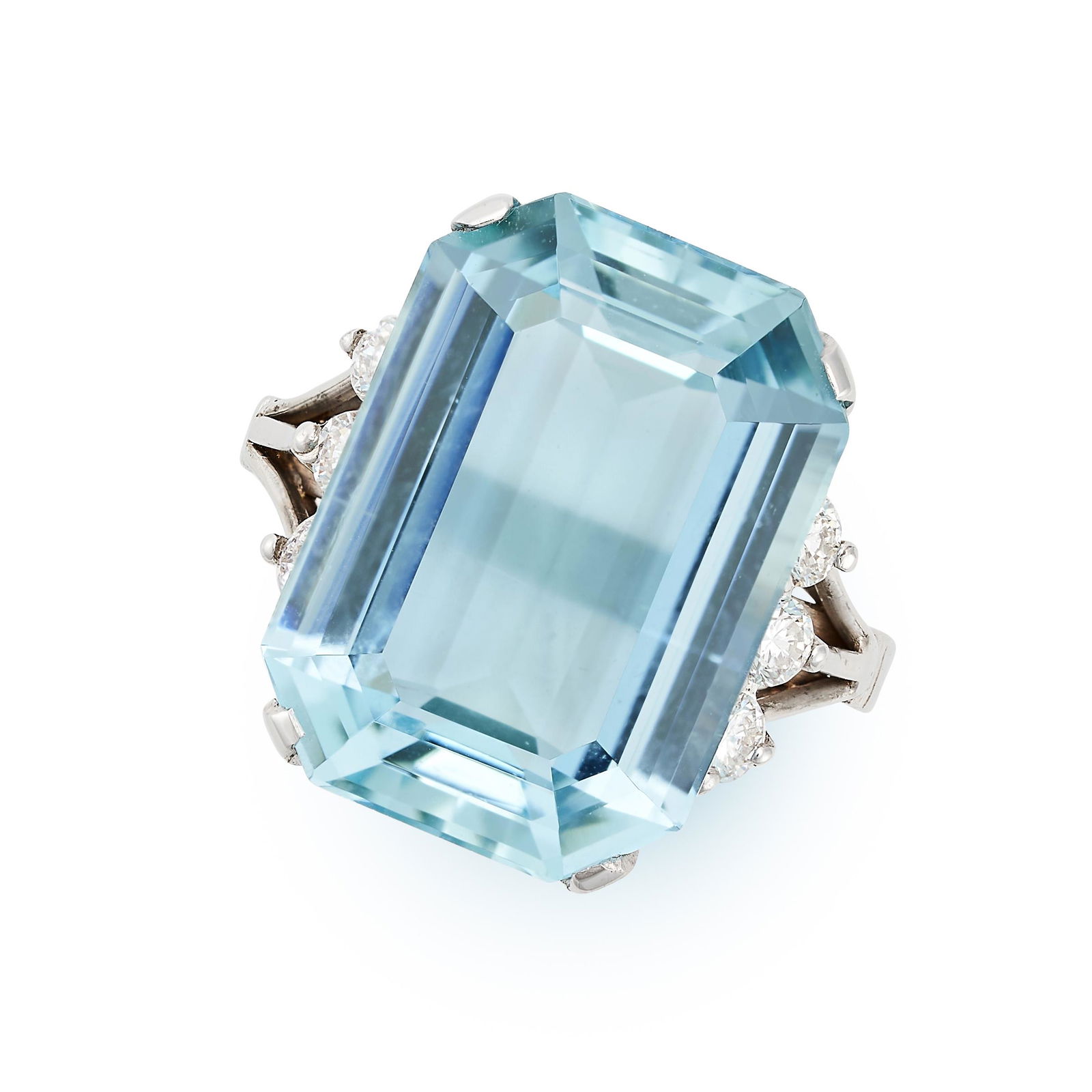 AN AQUAMARINE AND DIAMOND RING set with an octagonal step cut aquamarine of 10.60 carats, accented (1 of 2)