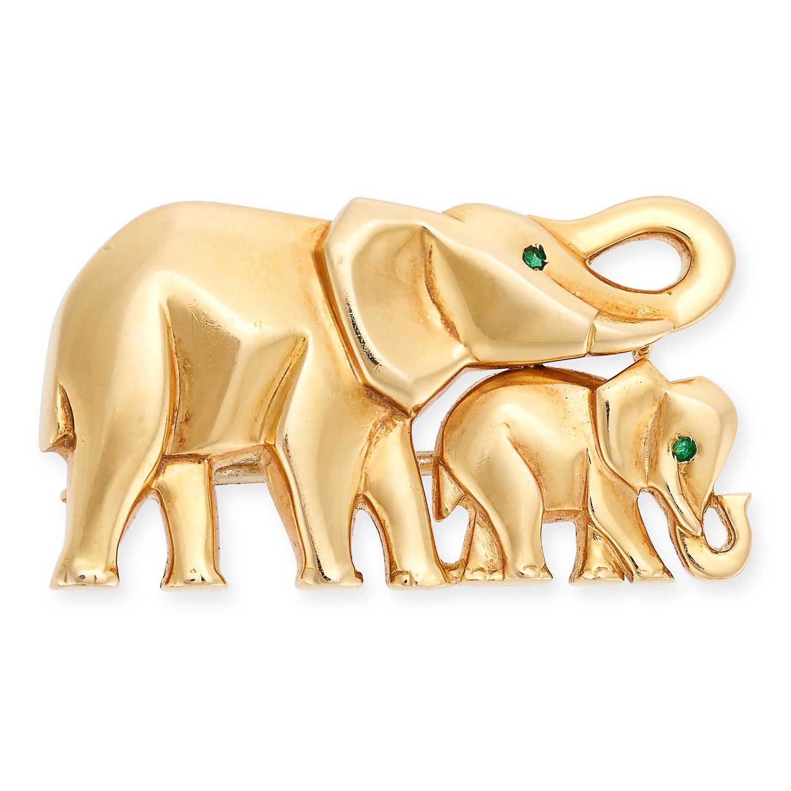 CARTIER, AN EMERALD ELEPHANT BROOCH in 18ct yellow gold, modelled as an elephant mother and calf: CARTIER, AN EMERALD ELEPHANT BROOCH in 18ct yellow gold, modelled as an elephant mother and calf each with an emerald eye, signed Cartier and numbered, French assay mark, stamped 750, 3.0cm, 11.4g.