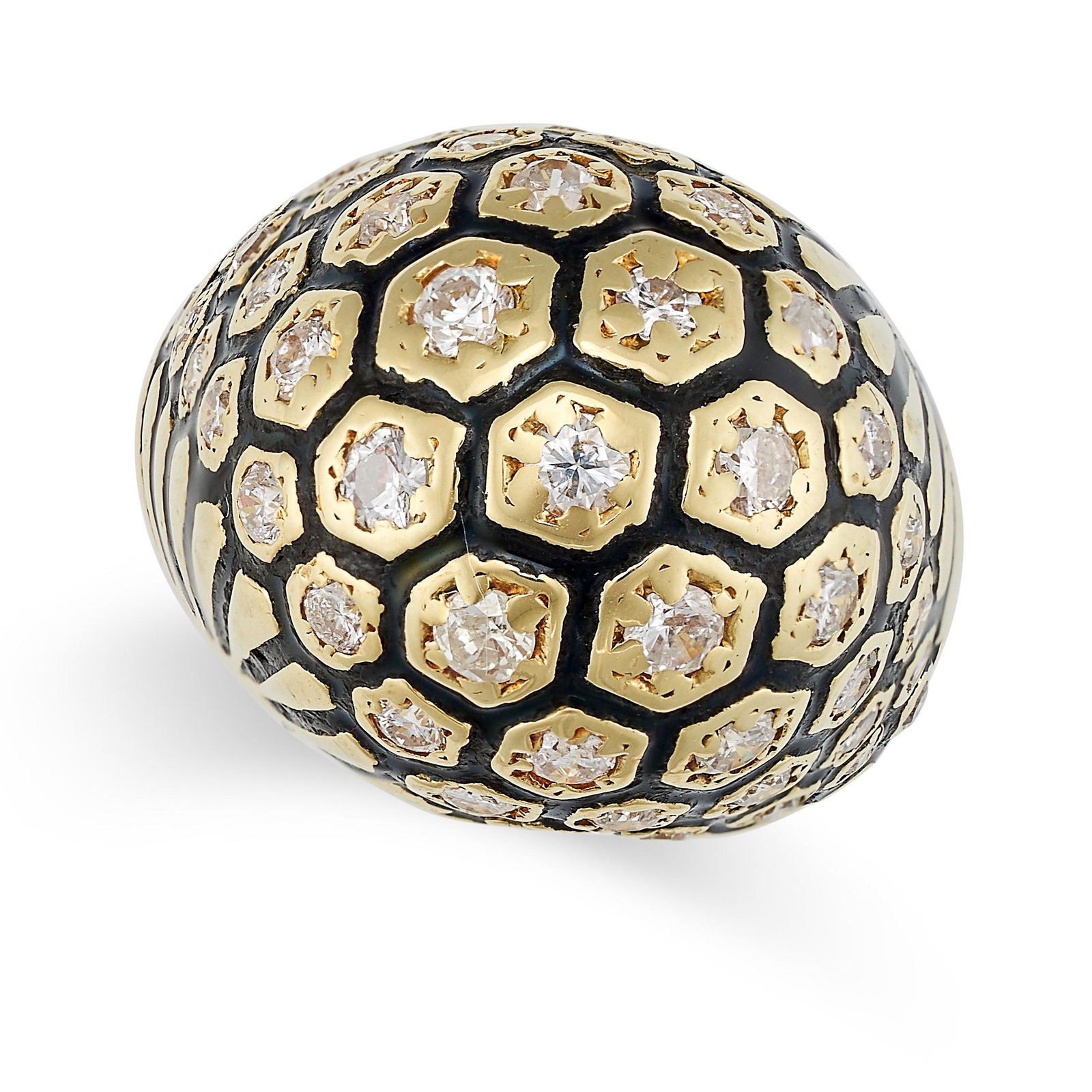 A FRENCH DIAMOND AND ENAMEL BOMBE RING in 18ct yellow gold, the domed face set with round brilliant (1 of 2)