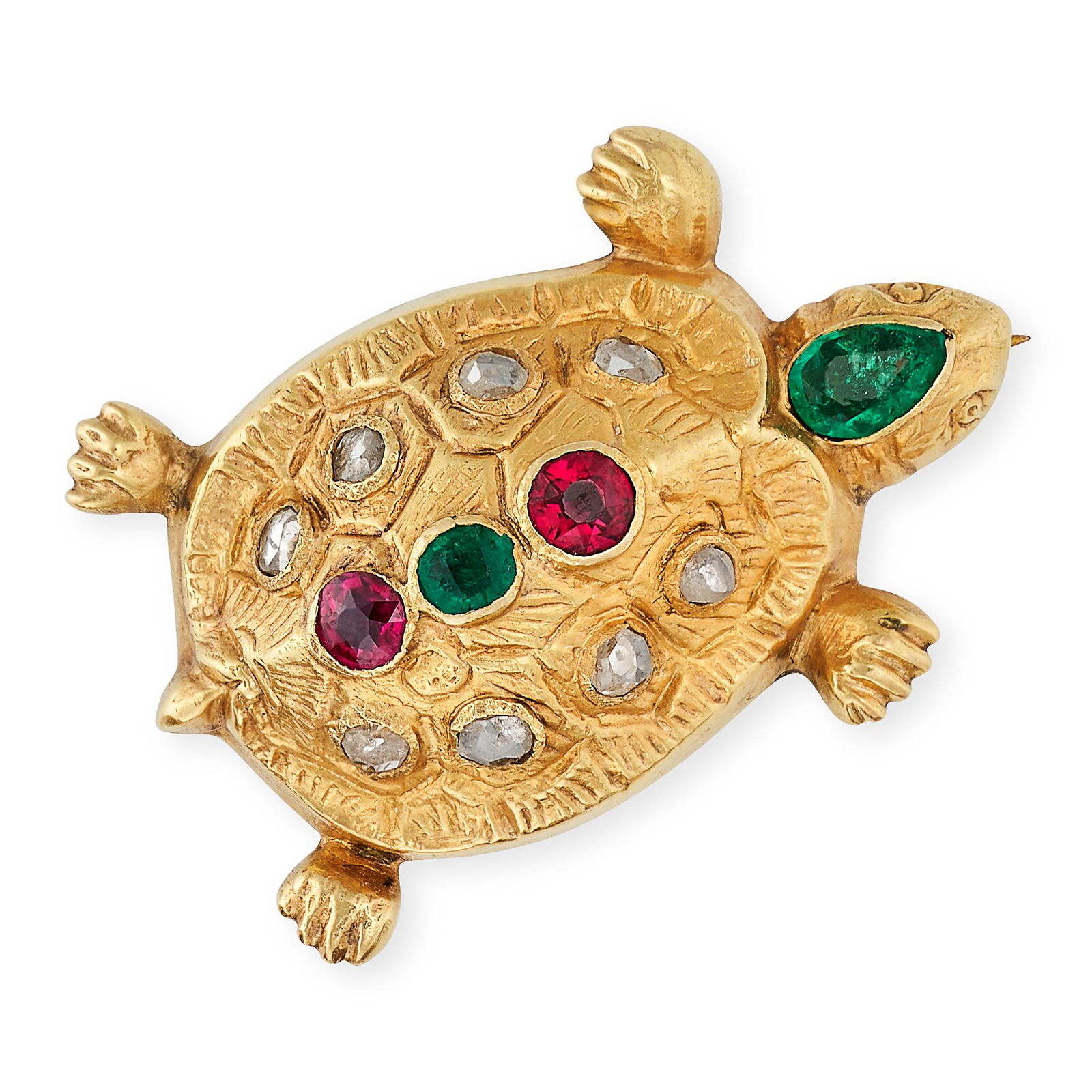 A RUBY, EMERALD AND DIAMOND TURTLE BROOCH in yellow gold, designed as a turtle, the head set with a: A RUBY, EMERALD AND DIAMOND TURTLE BROOCH in yellow gold, designed as a turtle, the head set with a pear shaped emerald, the shell set with a round cut emerald, round cut rubies and rose cut diamonds,