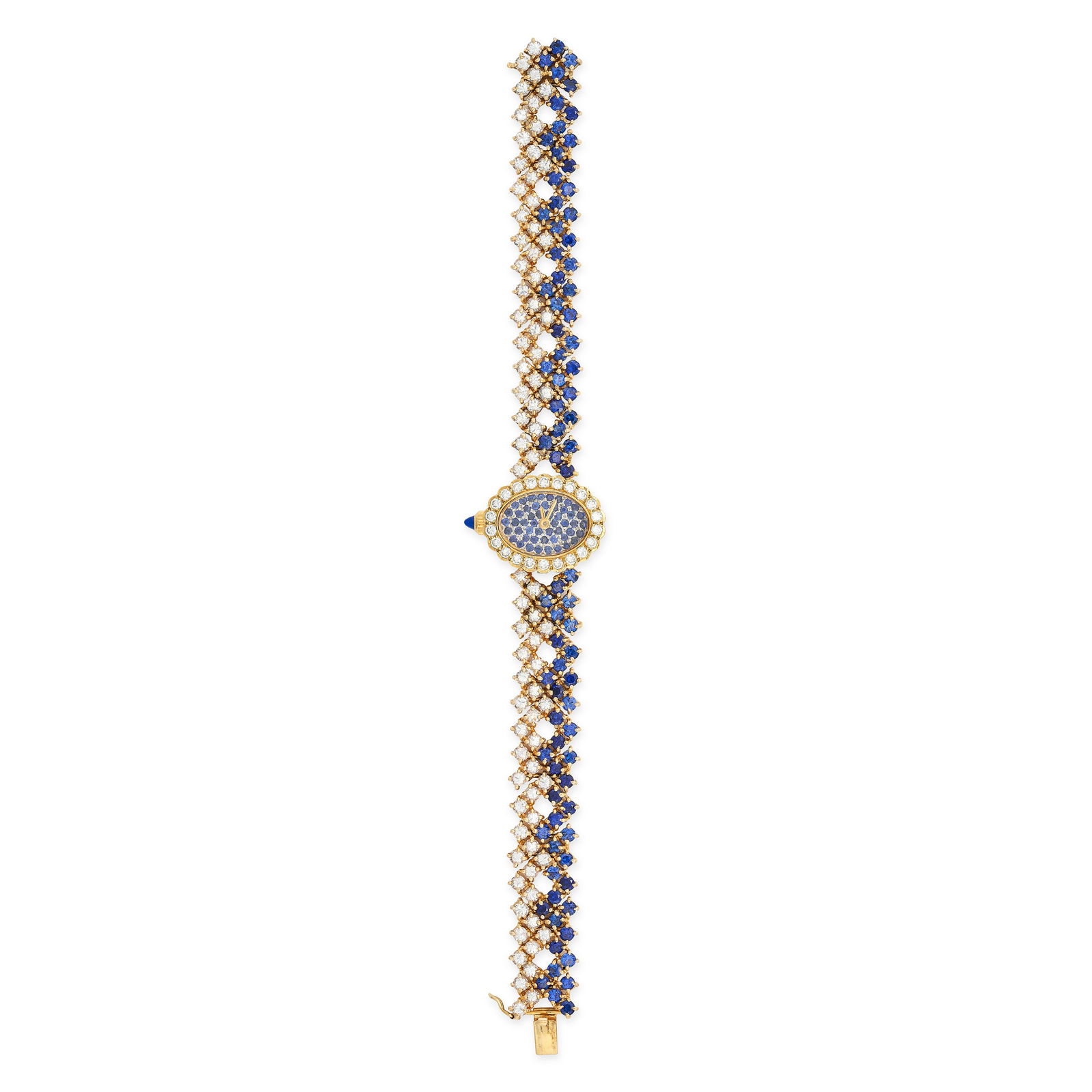 A SAPPHIRE AND WHITE GEMSTONE LADIES WRISTWATCH in 14ct yellow gold, the oval face pave set with (1 of 1)