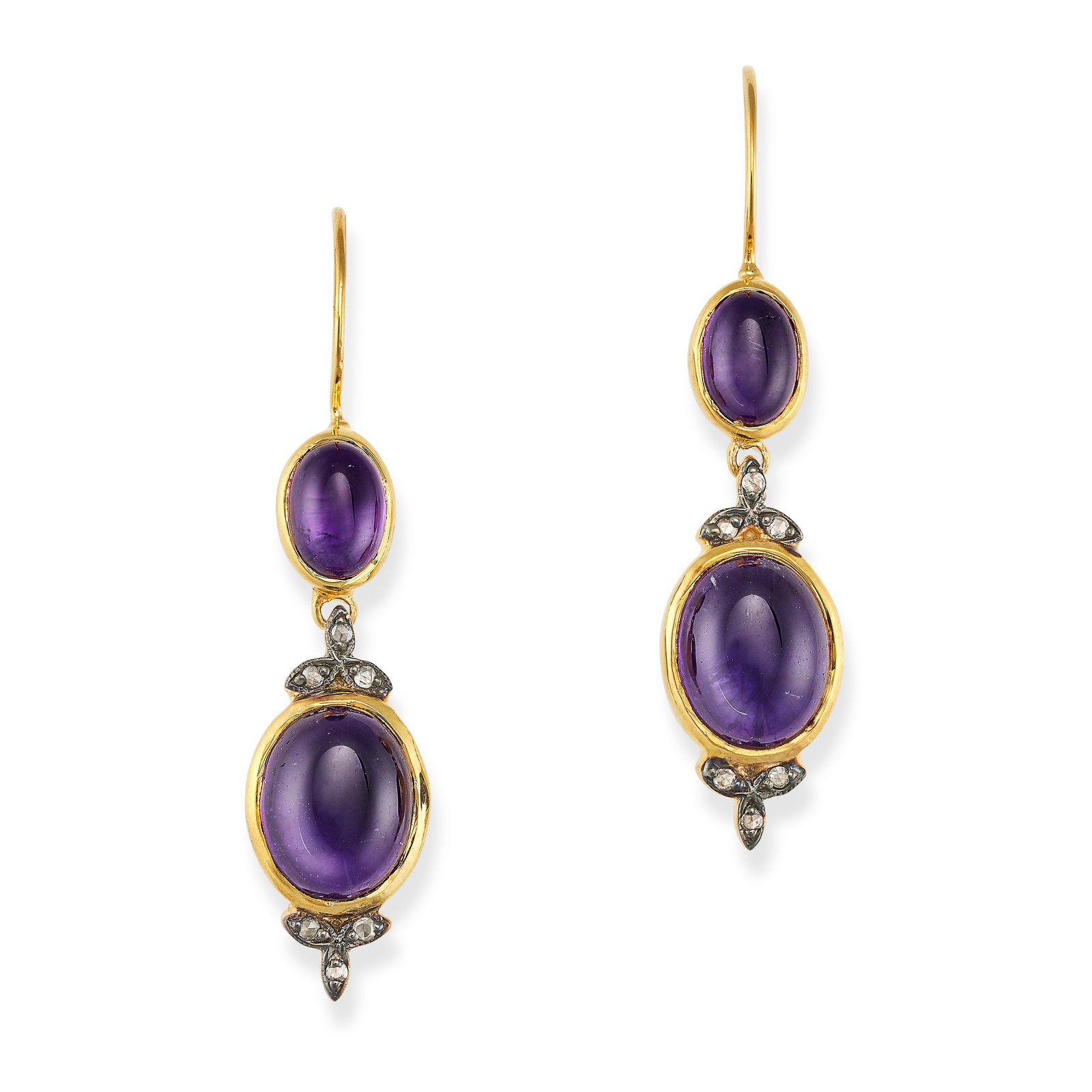 A PAIR OF AMETHYST AND DIAMOND DROP EARRINGS in 9ct yellow gold and silver, each earring set with (1 of 1)