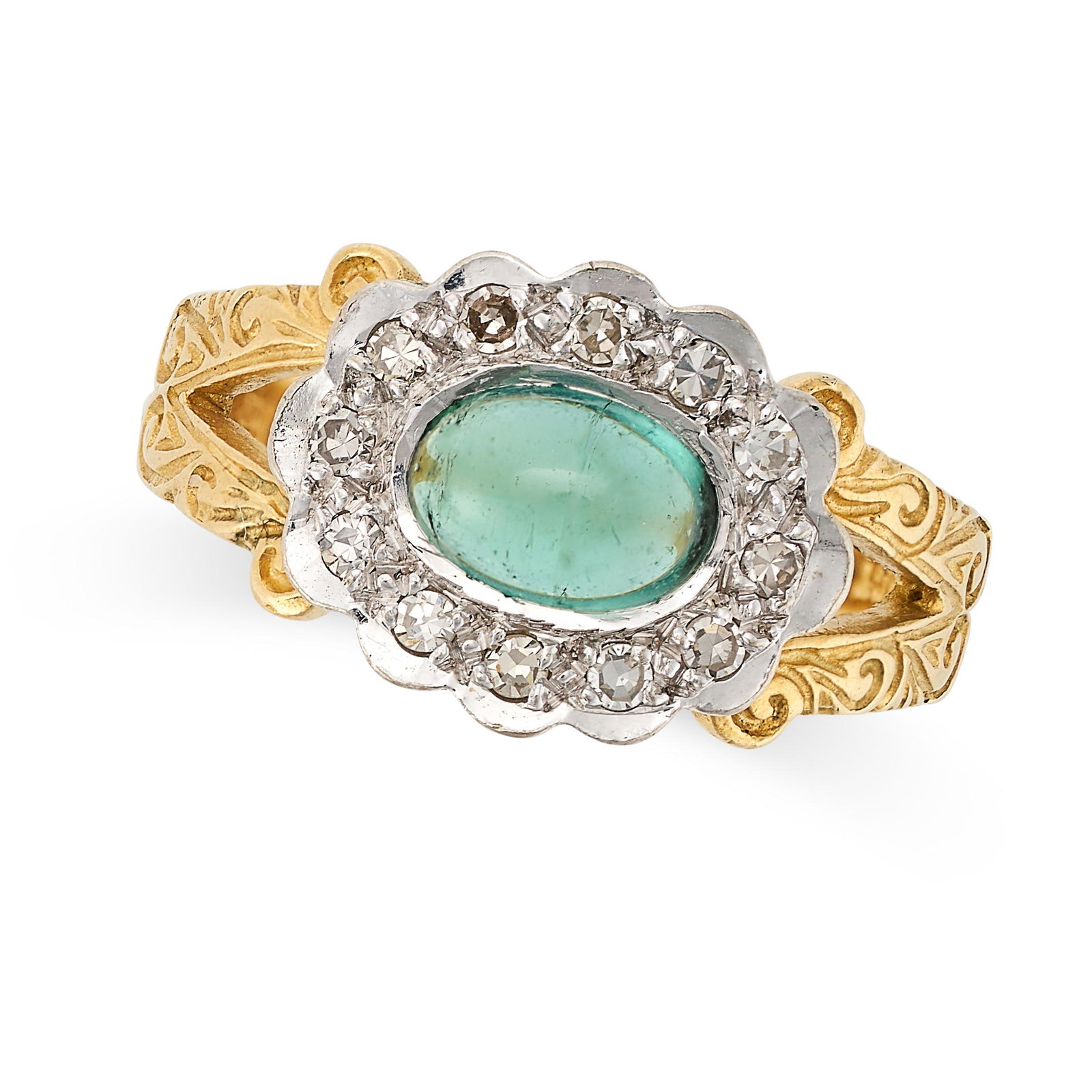 A GREEN TOURMALINE AND DIAMOND RING in 18ct yellow gold, set with a cabochon green tourmaline in a (1 of 2)