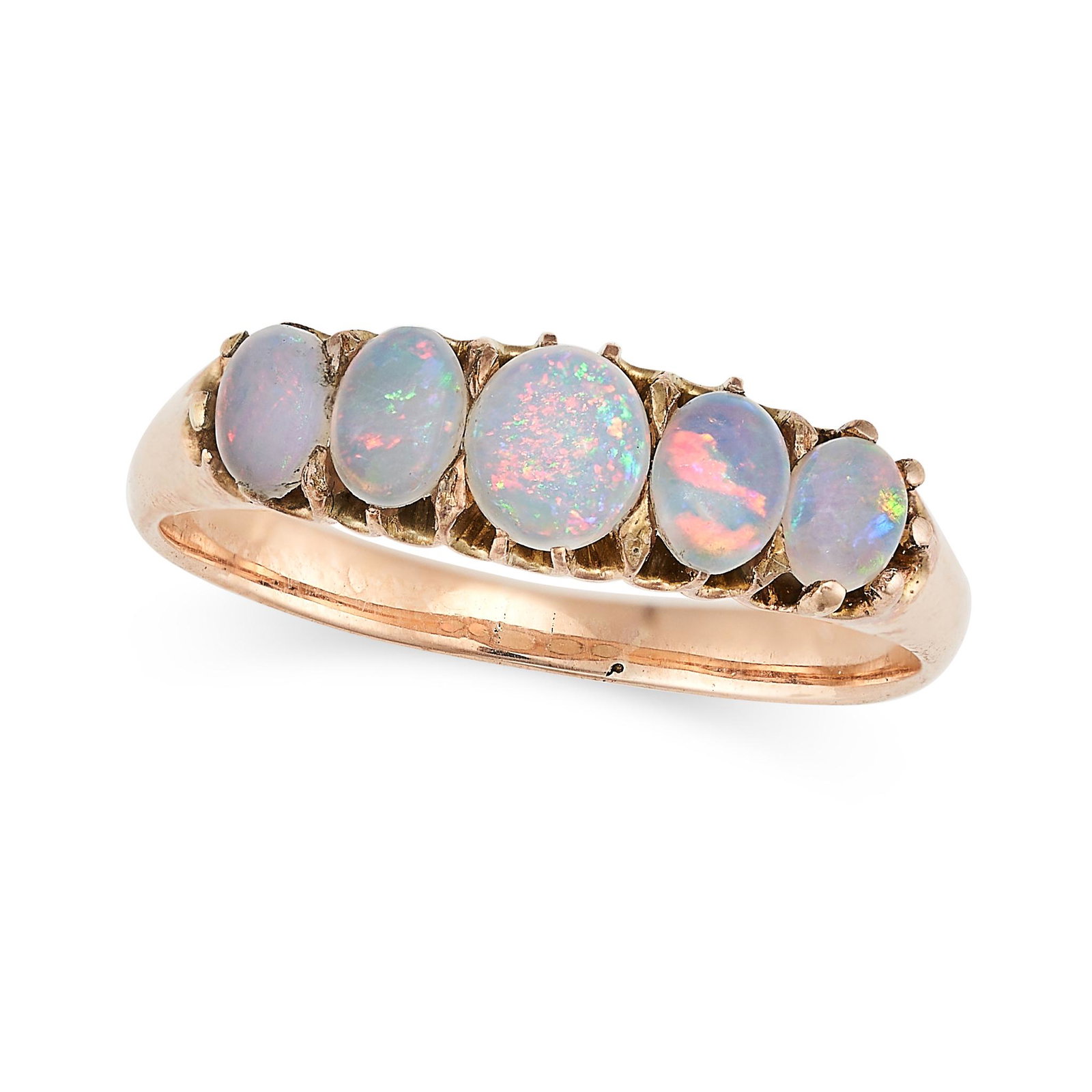 AN ANTIQUE OPAL FIVE STONE RING in yellow gold, set with a row of five graduated cabochon opals, no (1 of 1)