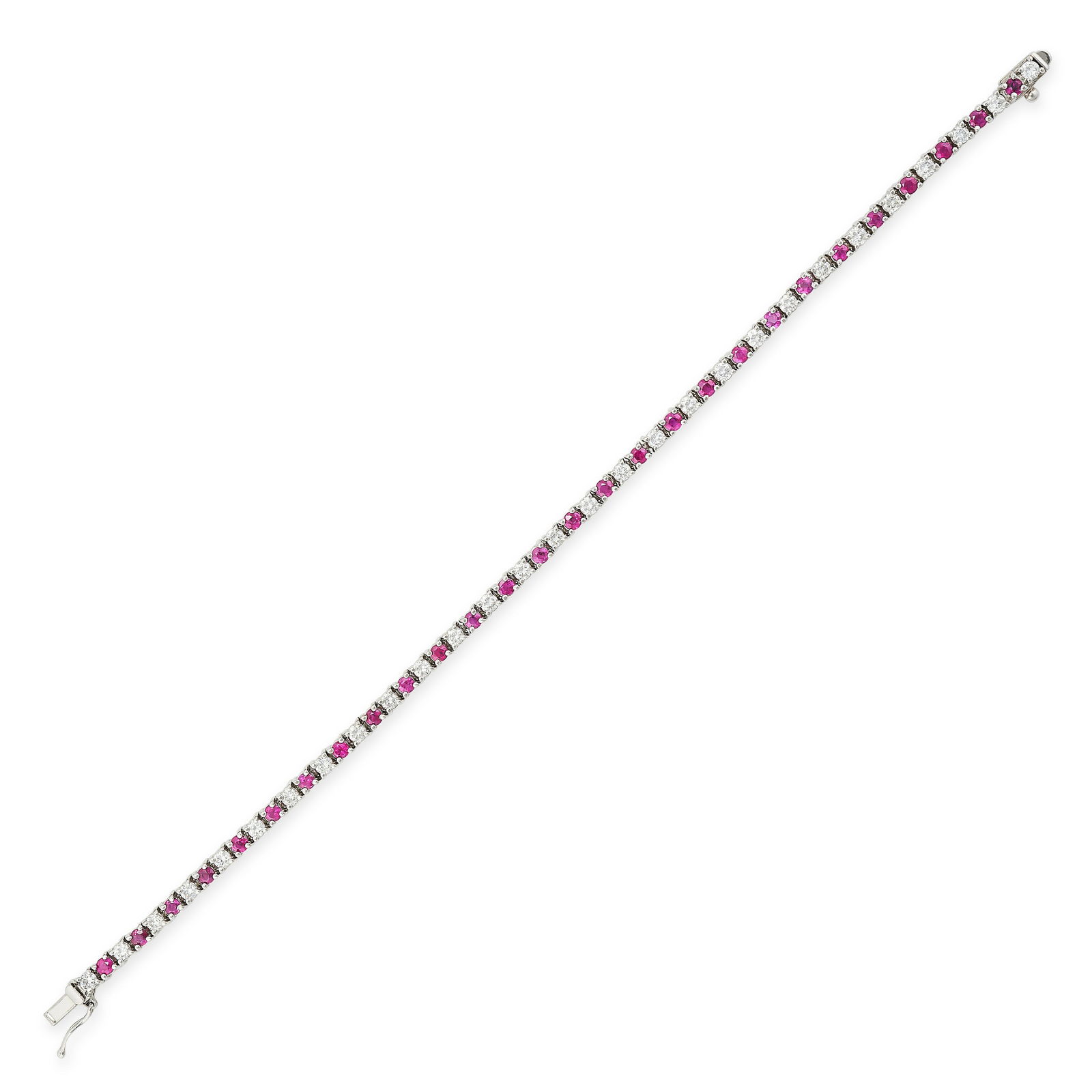 A RUBY AND DIAMOND LINE BRACELET in platinum, set with a row of alternating round cut rubies and (1 of 1)