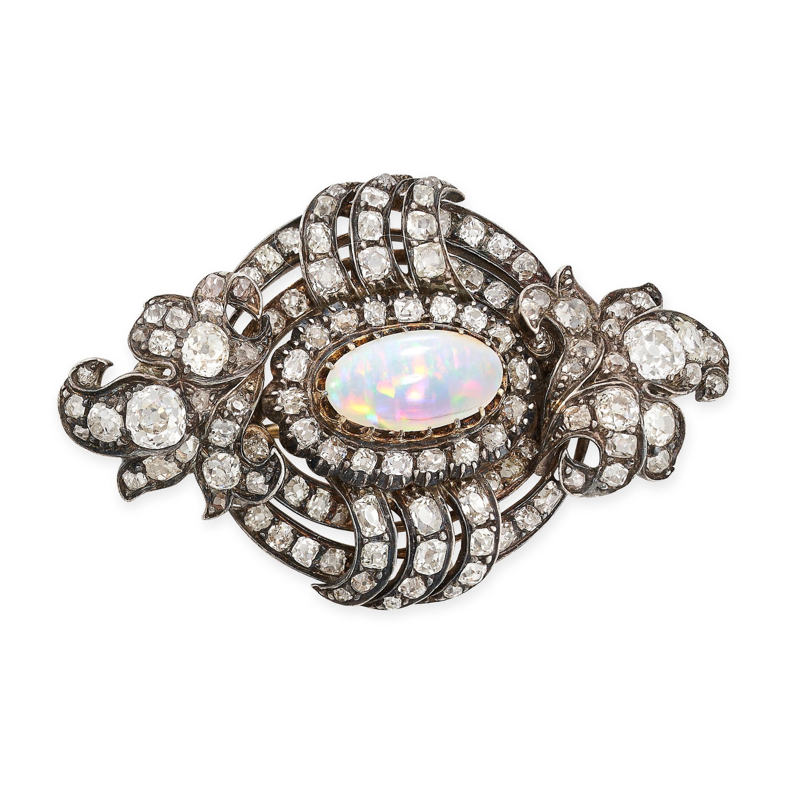 AN ANTIQUE OPAL AND DIAMOND BROOCH in yellow gold and silver, set with a central cabochon opal (1 of 1)